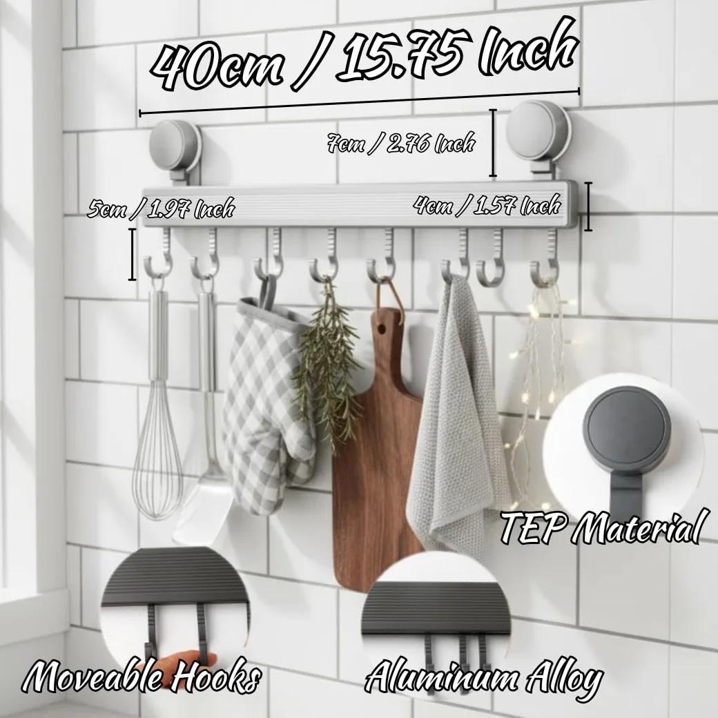 Barra para Utensilios de Cocina con Ventosa,40 cm Soporte Desmontable de Aluminio con 8 Ganchos,Colgador para Trapos y Accesorios,Capacidad de Carga hasta 20 kg,Anticorrosivos,Desmontables