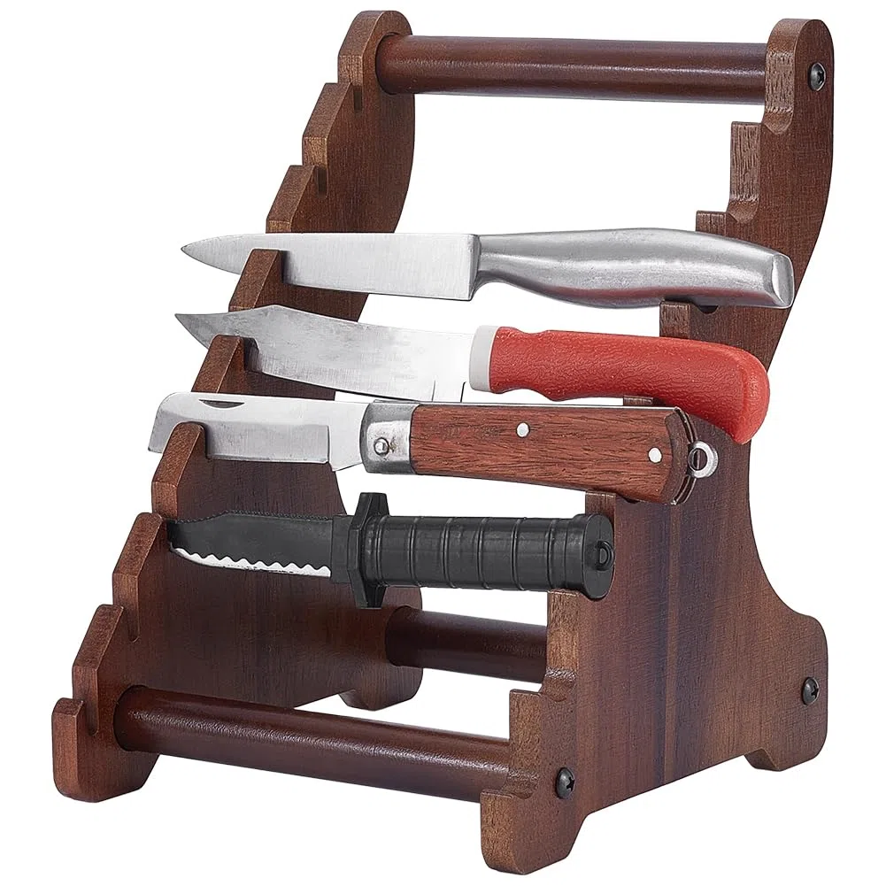 UNICRAFTALE Soporte de exhibición de cuchillos de madera de camello de 8 niveles para colección de cuchillos, soporte de exhibición de cuchillos, estante de almacenamiento de cuchillos de madera para