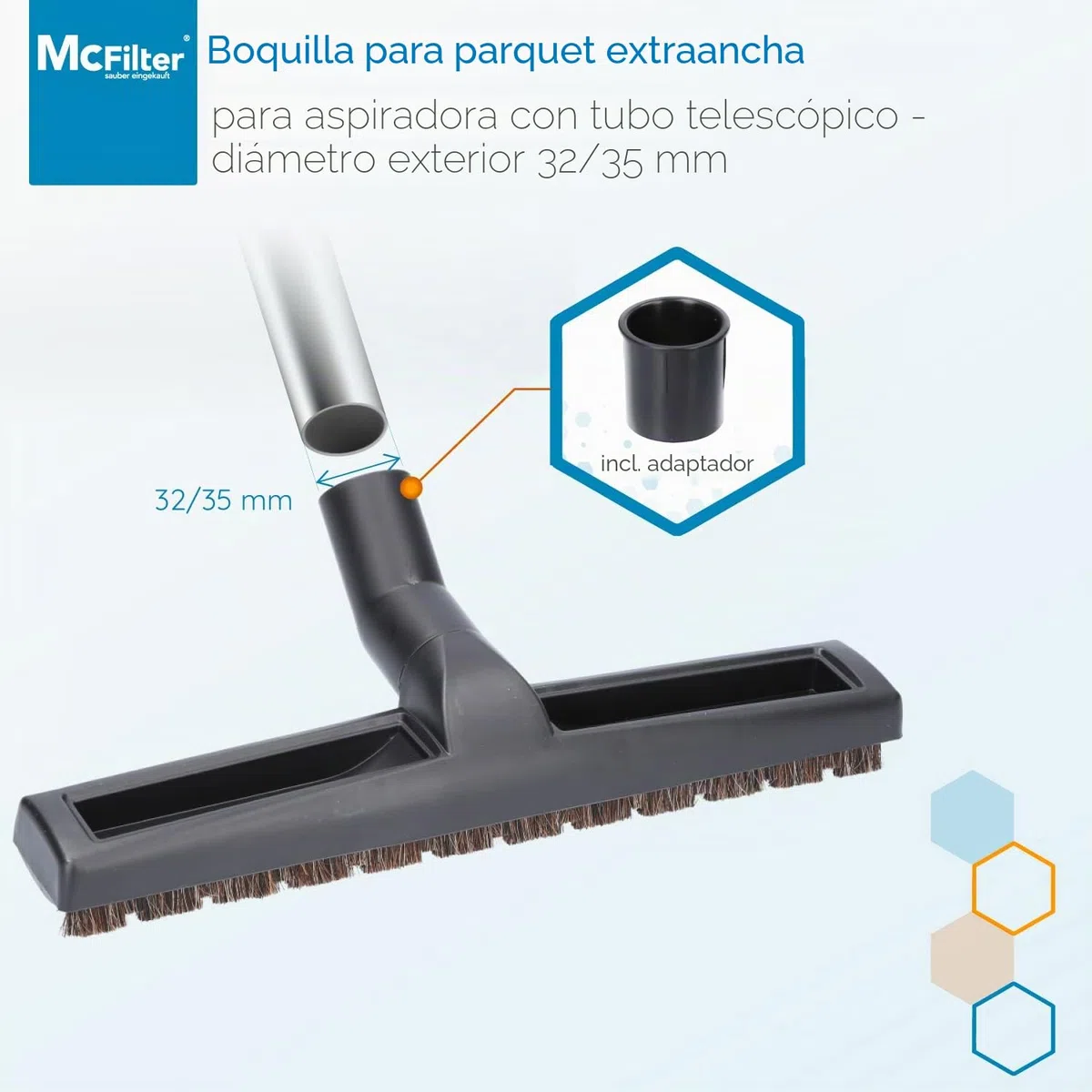 McFilter | Universal 32/35mm boquilla para suelos duros Boquilla para aspiradora 360 mm extra ancha compatible con Siemens, Bosch, Miele, 2 ruedas, crin suave