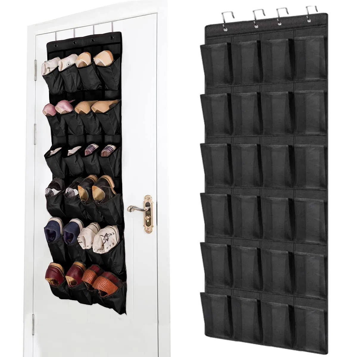 24 bolsillos para zapatos colgantes, almacenamiento suspendido, encima de la puerta, armario de pared, grandes bolsillos de malla negros