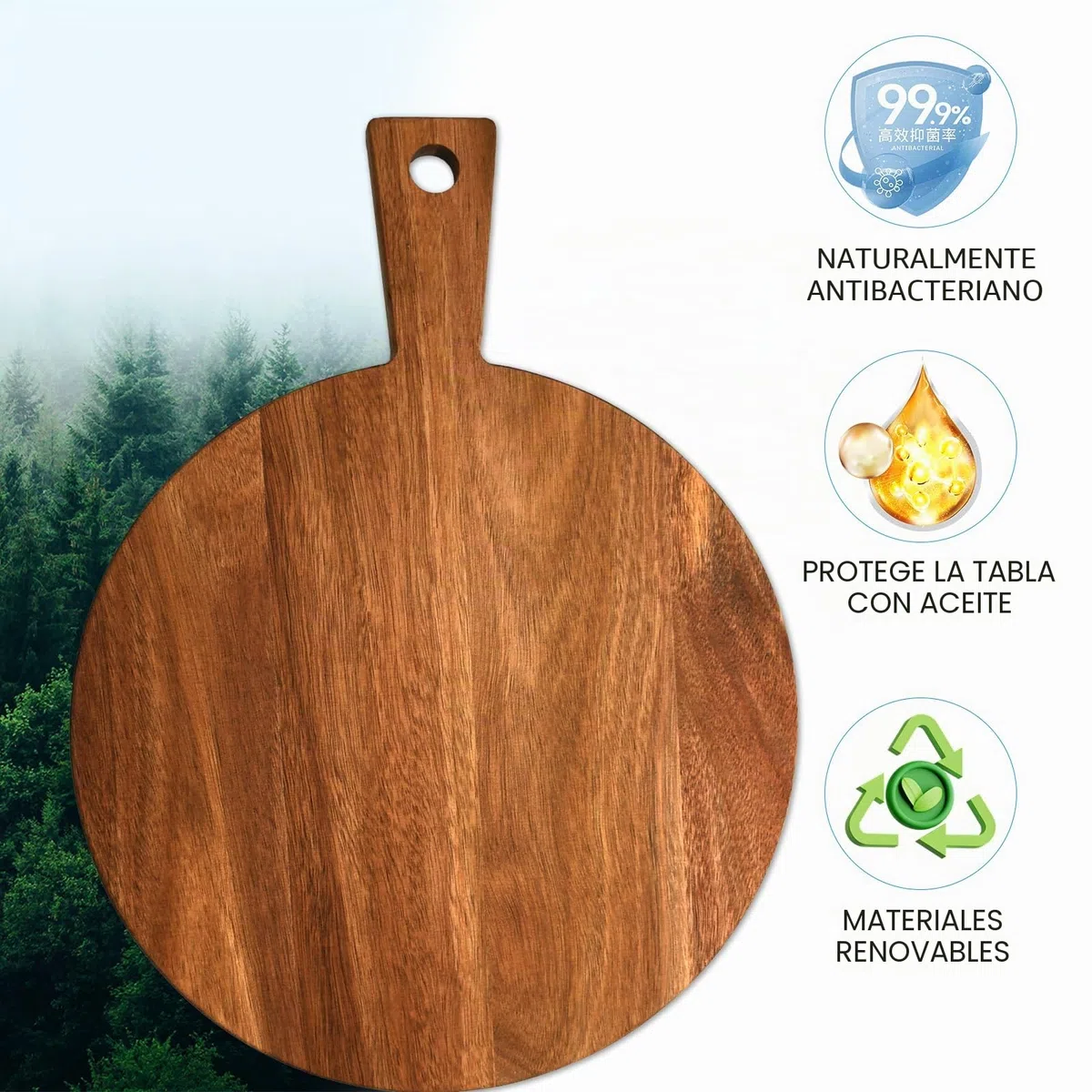 Tabla de pizza de madera de acacia redonda con asa, 30 x 40 x 1,5 cm, para sashimi, bistec y tartas