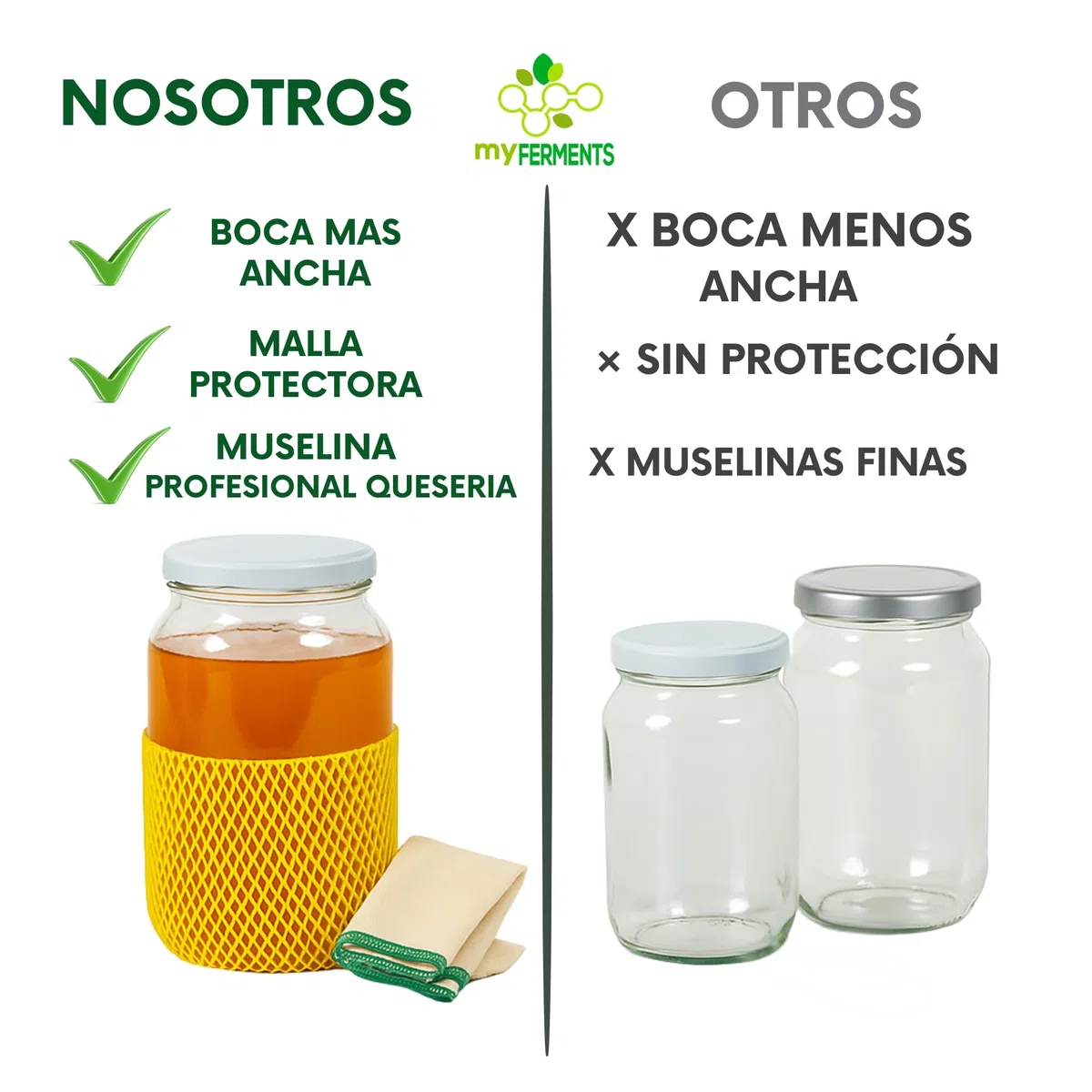 myFERMENTS - Tarros Grandes de Cristal con Tapa | Botes de Boca Ancha de 2L | Incluye 2 Muselinas de Algodón y 2 Gomas | Ideal para Kombucha, Kefir y Conservas | Incoloro, Vidrio