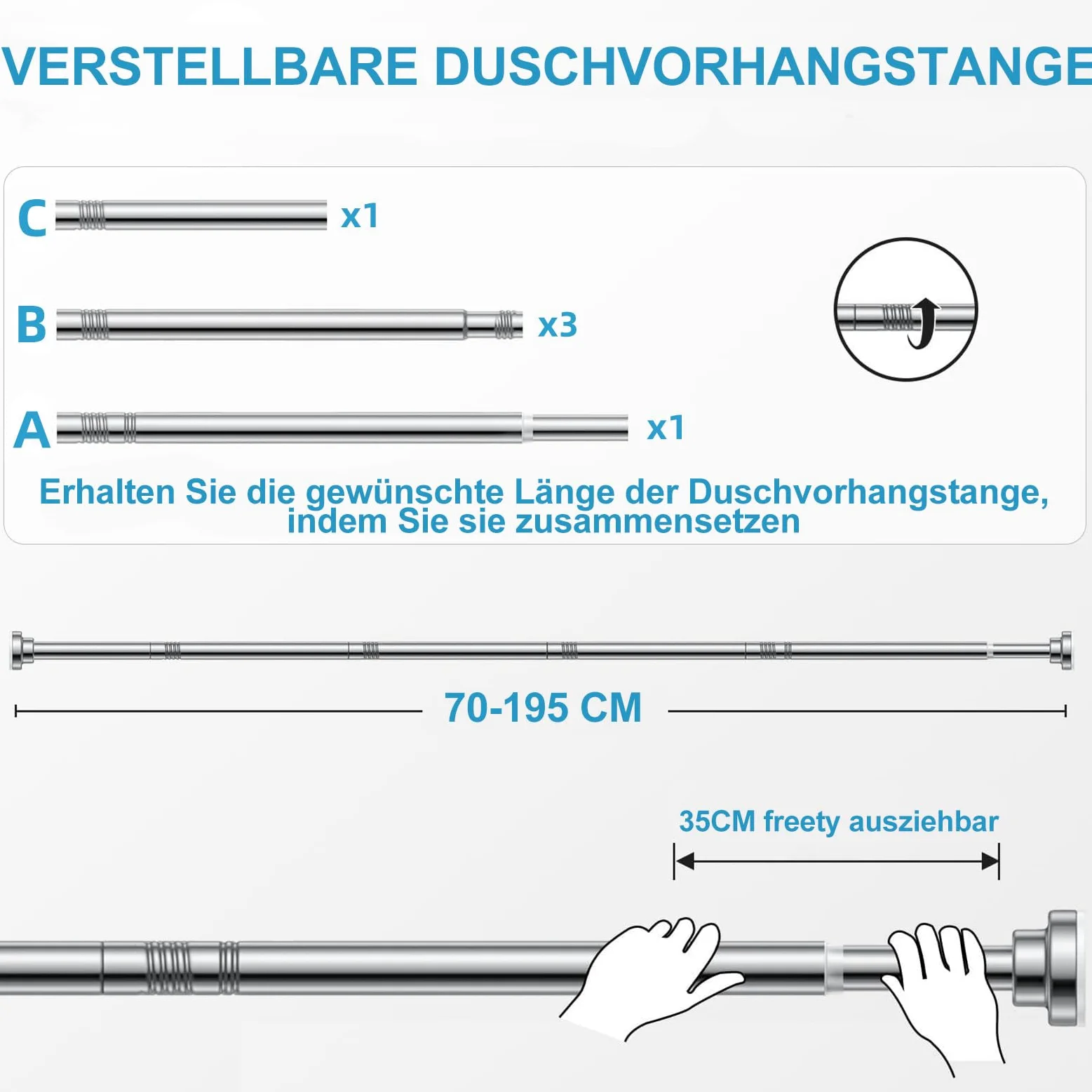 Barra para cortina de ducha sin agujeros de acero inoxidable - Barra telescópica extensible - Antióxido y antideslizante - Barra de ducha ajustable de 70 a 195 cm - Ideal para baño