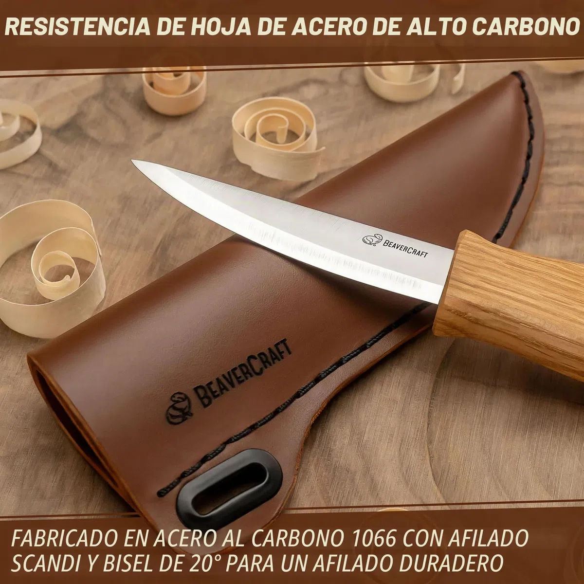 BeaverCraft, Cuchillo Sloyd C4s de 8cm - Cuchillo Sloyd para Tallar Madera con Funda de Cuero para Tallar y Desbastar para Principiantes y Profesionales Acero Duradero de Alto Contenido en Carbono