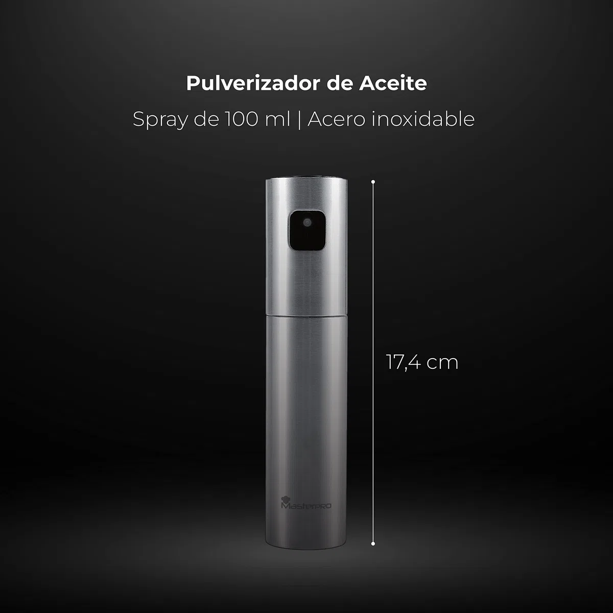 MasterPro Foodies - Pulverizador de Aceite - Spray de 100ml de Capacidad y 4x17,5cm - Fabricado en Acero Inoxidable - útil Para Freidora de Aire - Resultado Homogéneo