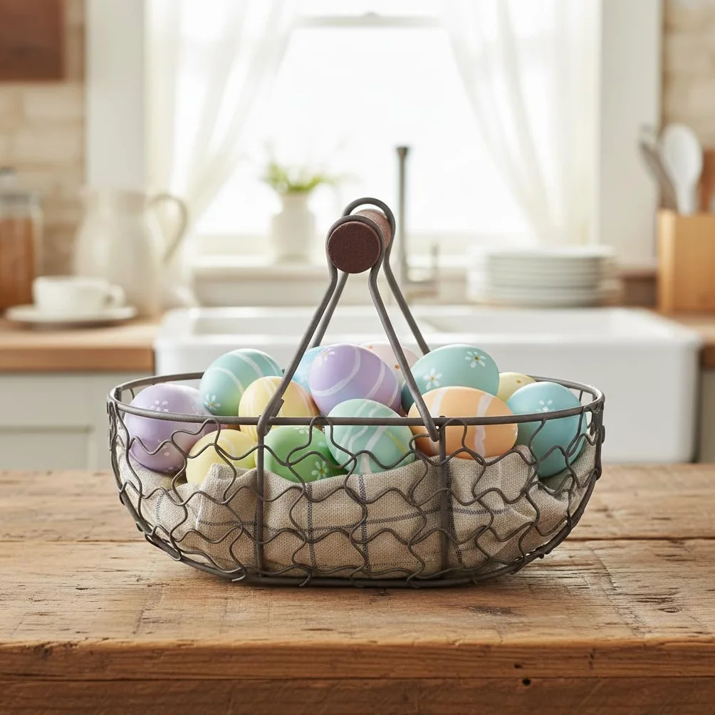 Cesta de de alambre con mango de madera, cesta de recolección de de estilo rústico vintage, cesta de almacenamiento de alambre para verduras para llevar, recolección de de gallina