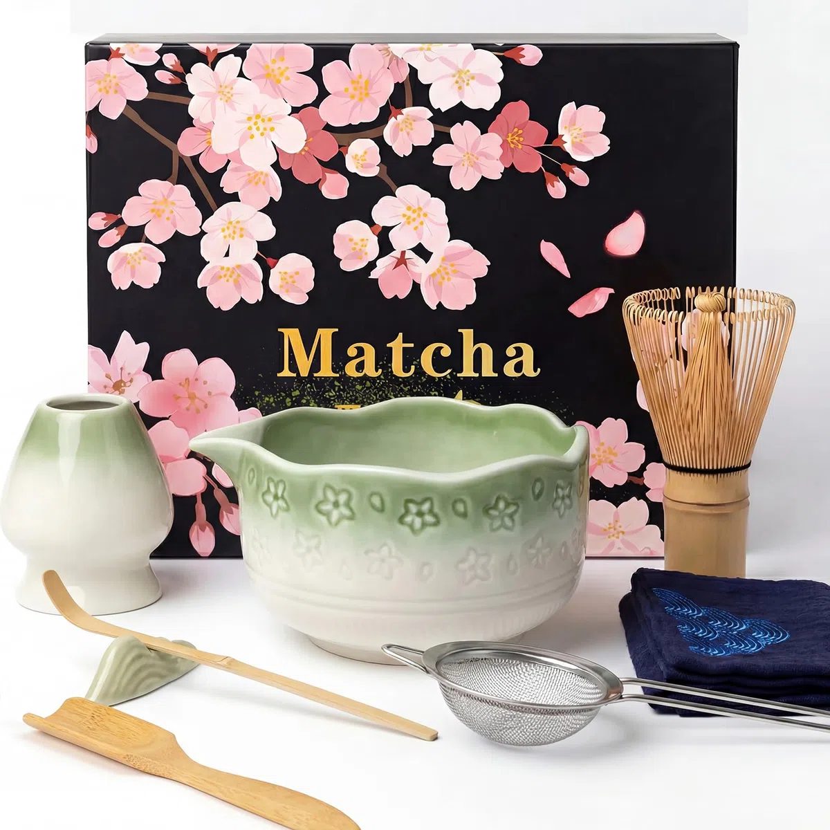 Matcha Kit 8 piezas, Kit Té Matcha Con diseño de sakura, Cuenco Matcha, Batidor Matcha, Cuchara, Tamiz, Soporte para Batidor, Kit Matcha Completo Regalo para Amantes el Matcha(Gradiente Verde)