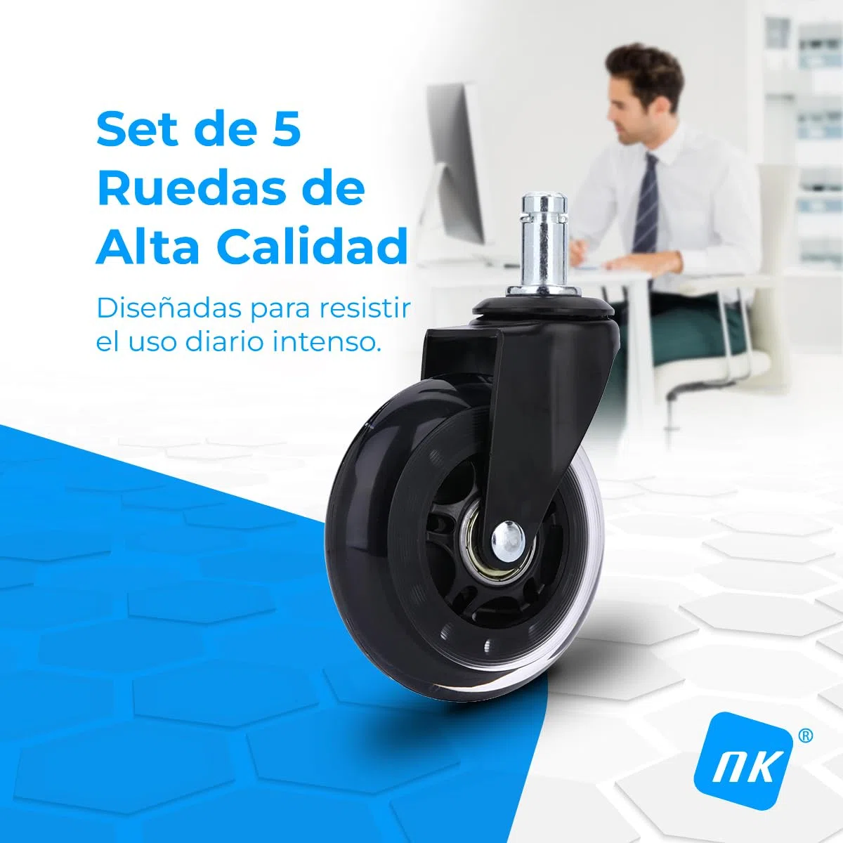 NK Ruedas para Sillas de Oficina 11 mm x 22 mm Negro - Aptras para todos los suelos, Sillas Giratorias, No Marcas, Pack de Repuesto, Max 250kg