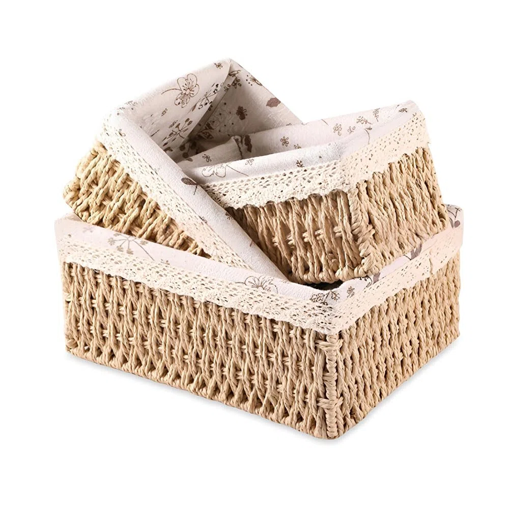 3 Cestas Almacenaje Mimbre con Forro,Cesta Organizadora Baño,SZMK Cesta Decorativa Pequeña,Cestas Tejidas Rectangulares,Storage Basket Small,Scesta de Almacenamiento Cocina para Salones, Armarios