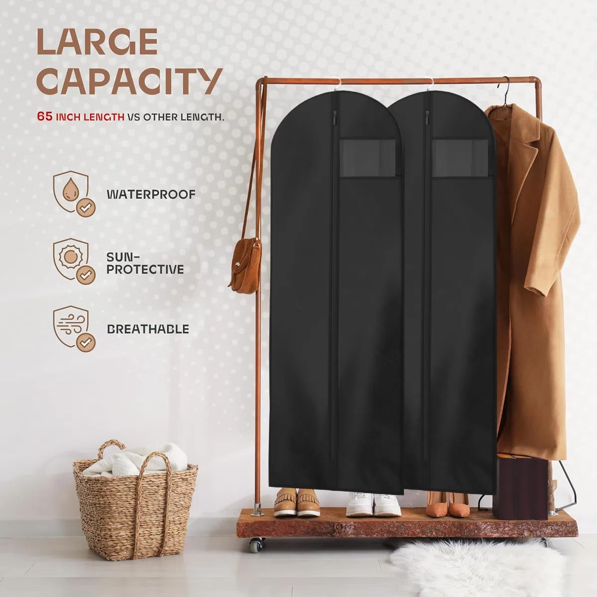 2 bolsas de vestir, bolsa de viaje de longitud completa con cremallera, fundas protectoras de ropa a prueba de polvo, bolsa de ropa para vestidos largos, 180 x 60 cm (negro)
