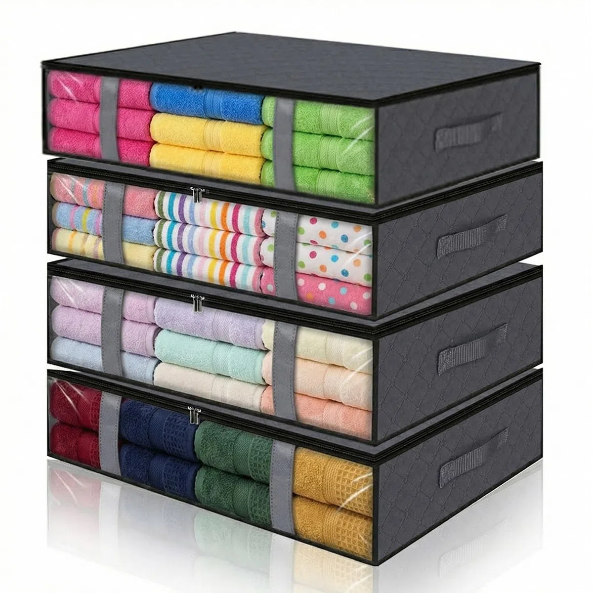 4 Piezas Cajas Almacenaje Ropa 60x45x15cm Plegables Bolsas para Guardar Ropa con Cremallera Ventana Transparente para Ropa Mantas Edredones