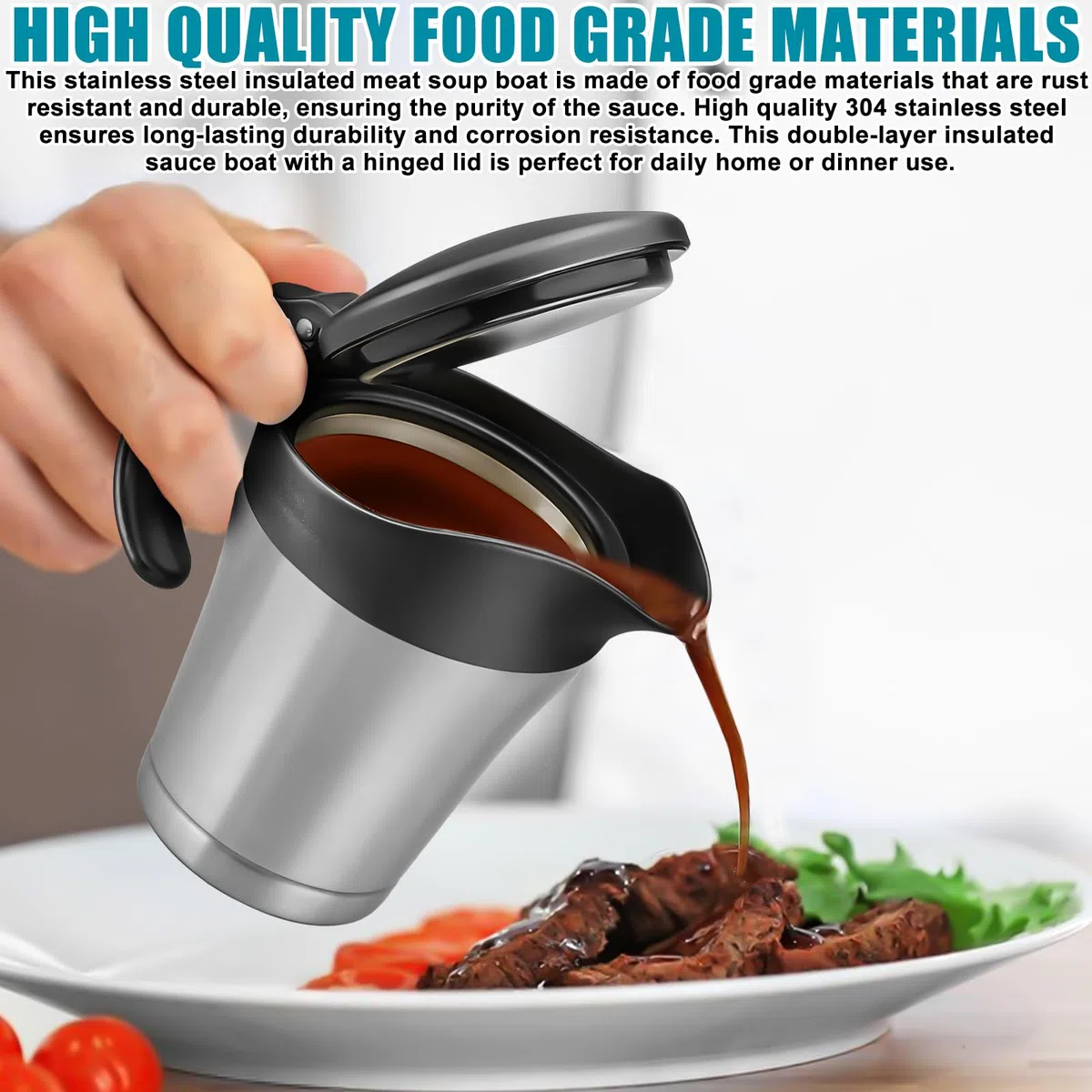 Jarra de salsa de acero inoxidable 304, 450 ml: jarra para salsas con tapa negra, doble pared para salsa de carne, elegante jarra térmica plateada para salsas de fiesta (negro/plata)