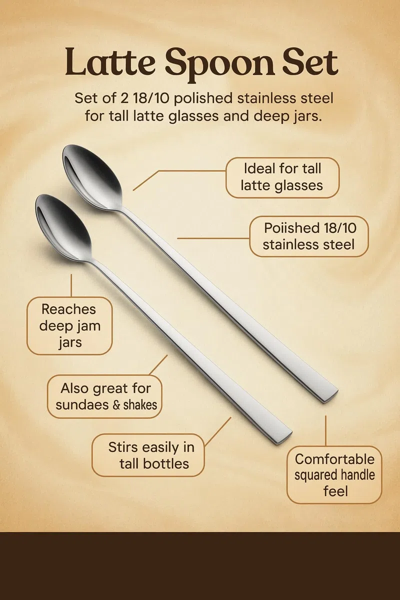 Juego de 2 cucharillas de mango largo para café latte 18/10 de acero inoxidable pulido para helados