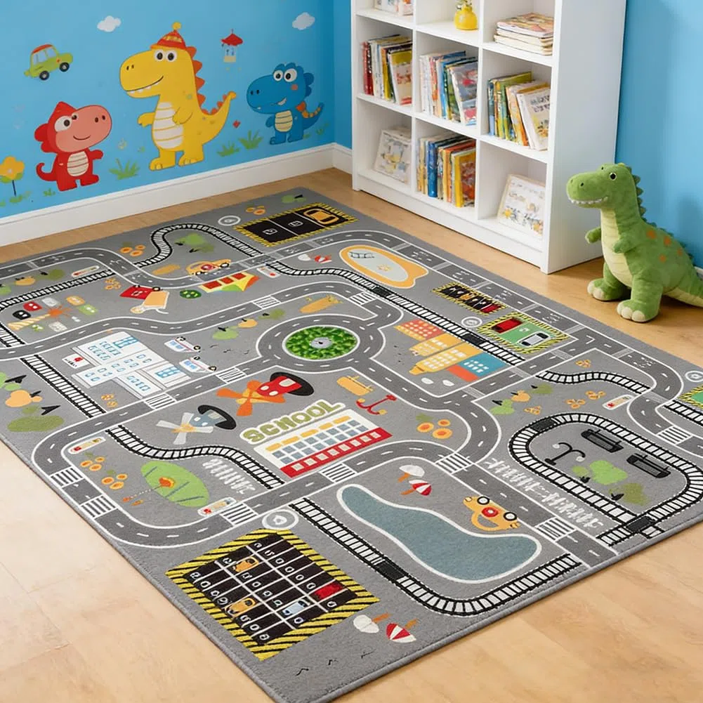 Alfombra de Calles de la Ciudad Alfombra Rectangular Antideslizante Alfombras Suave y Acogedora Alfombras de Terciopelo de Cristal para Decoración y el Juego en Habitación de los Niños