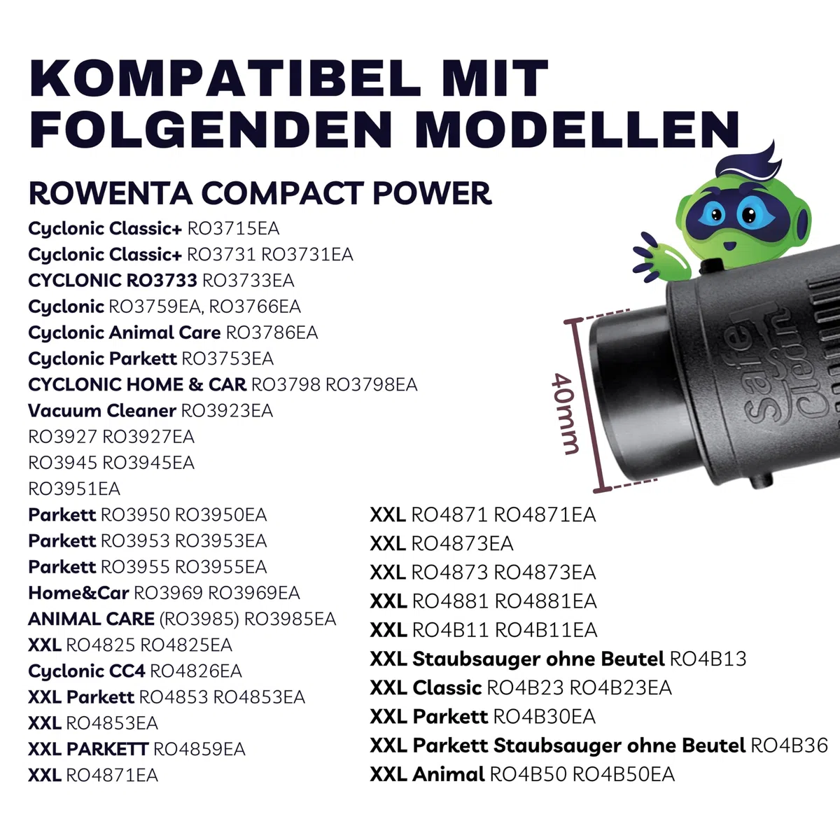SAFE 'N CLEAN Manguera de aspiradora con mango compatible con los modelos Rowenta Compact Power (RO3950, RO4825, RO4B23, RO3969EA) y mucho más. Alternativa al original SS-7223035243