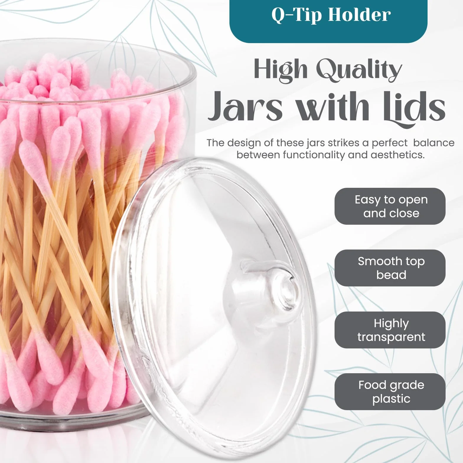 Qtip - Organizador de maquillaje de tocador, tarros de boticario de plástico transparente con tapas, dispensador de hisopos de algodón para baño, 2 x 10 onzas y 2 x 7 onzas, paquete de 4,