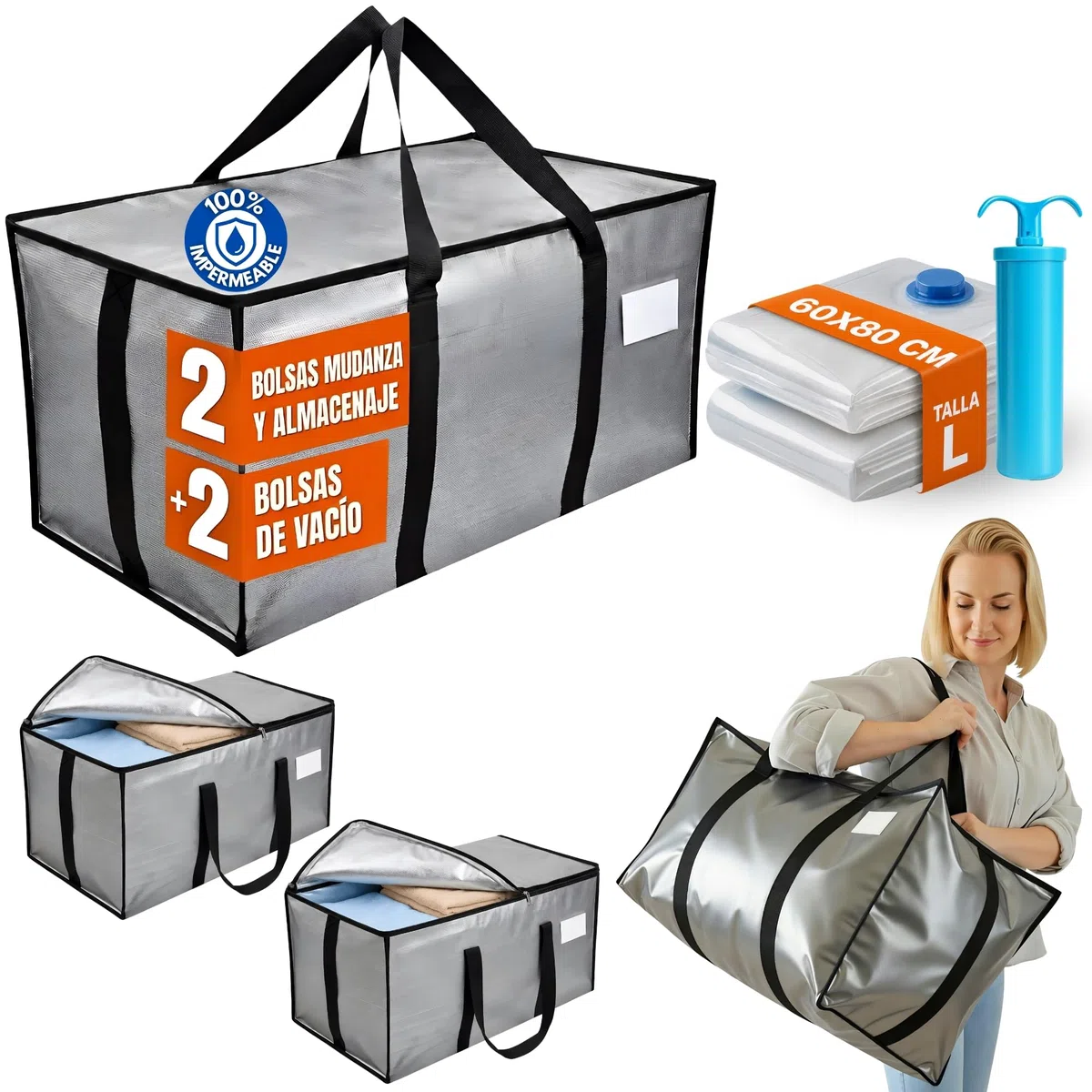 2 Bolsas Mudanza Y Almacenaje Ropa XXL + 2 Bolsas Vacio Ropa Grandes con Bomba de Vacio, Alternativa a las Cajas Mudanza Grandes, Set Completo para Almacenamiento Hogar 100% Impermeable y Resistente