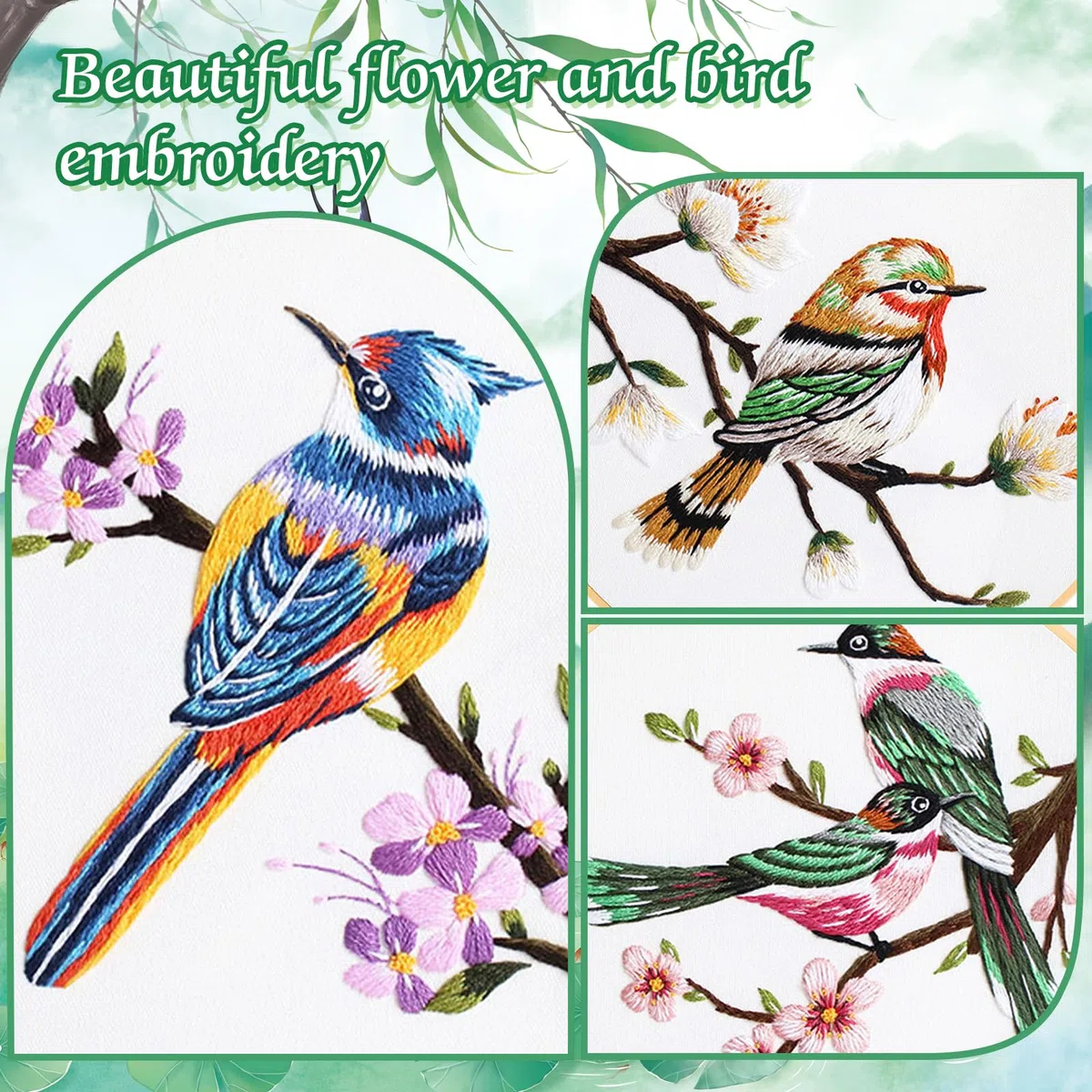 JSRQT 3 Piezas Kit Bordado Embroidery Kit Pájaros Floral Plantas Kit de Bordado Principiantes Punto de Cruz Completo Bordadora Aguja Magica de Bordar Manualidades Adultos para Adulto Principiantes