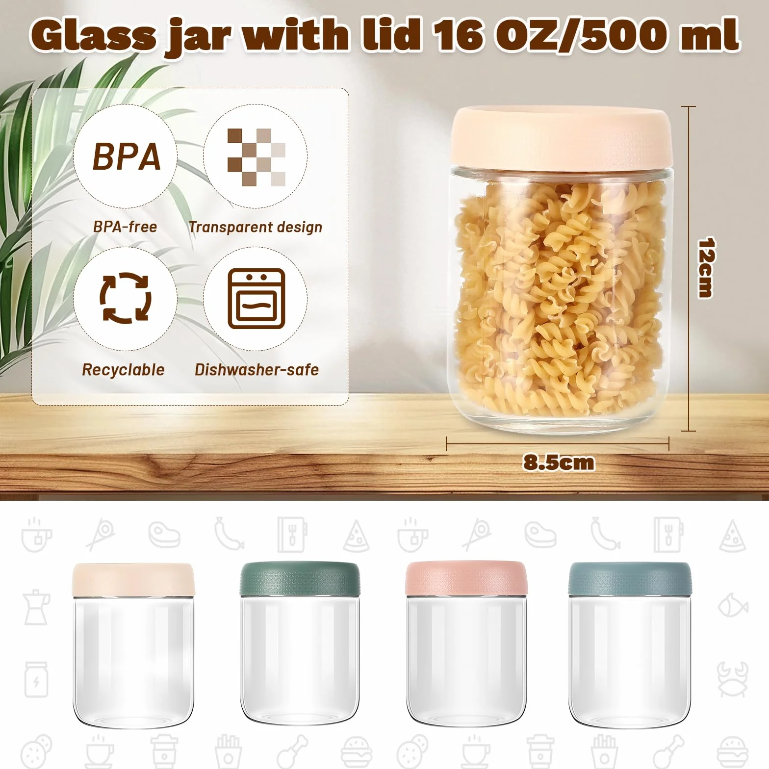Zikenis Overnight Oats - Juego de 4 tarros para conservas (500 ml, con tapa de rosca, para mermelada casera, chutney, yogur, pudín, como cajas de preparación de comida de Mason