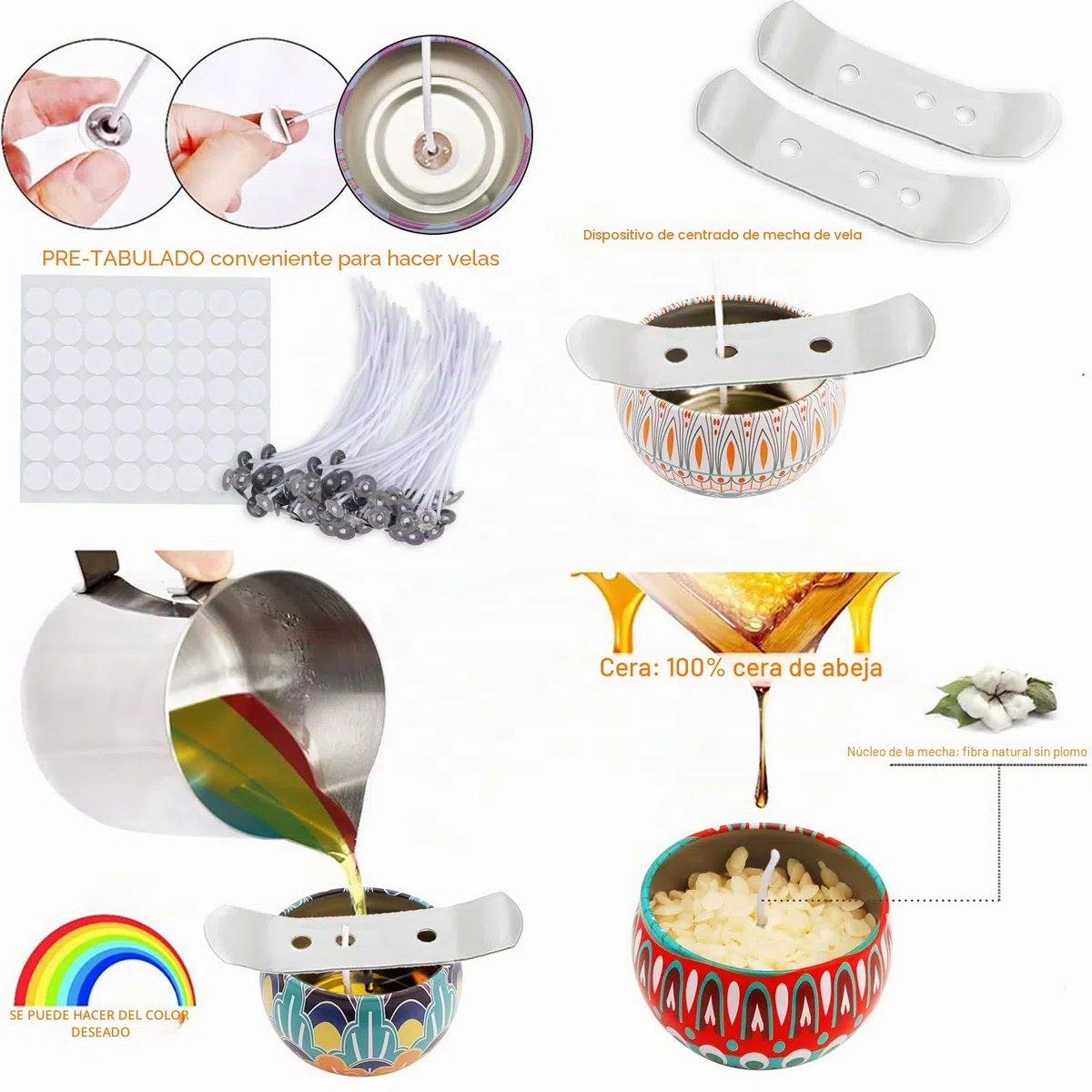MAISITOO Kit de Fabricación para Velas,herramienta de Bricolaje,Cera de Abeja Natural ,Mechas,Jarra de Vela,Frascos ,Pegatinas,8 colorante