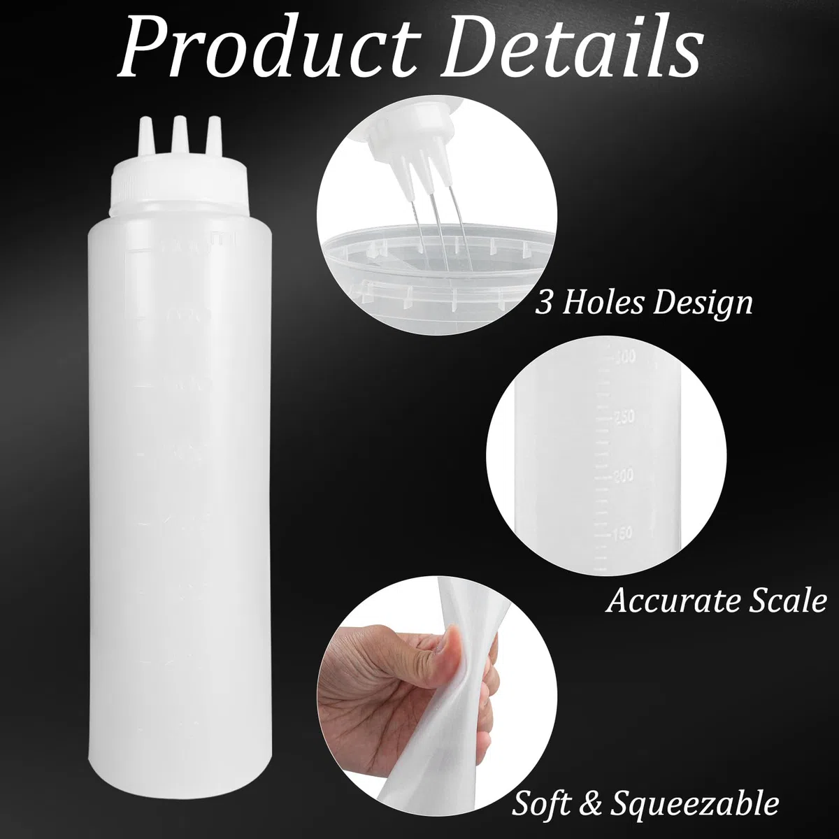 4 botellas de plástico con 3 boquillas, dispensador de salsa de 24 oz con giro en tapas de tapa, botella de plástico para salsas de ketchup, mayonesa, mostaza, jarabe de aceite de oliva