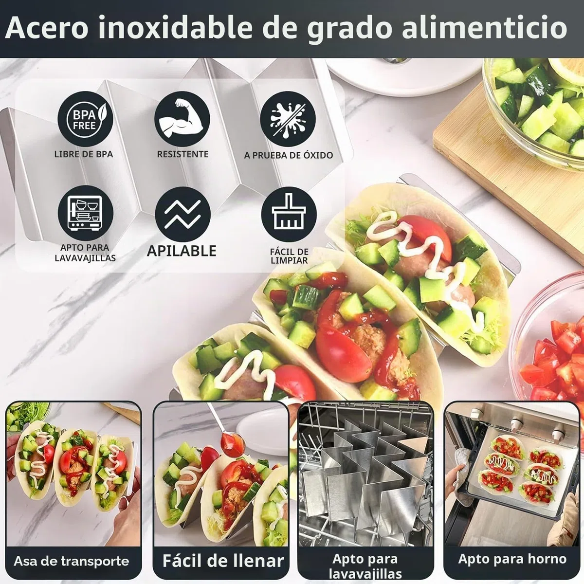 LATERN 6 Piezas Soportes para Tacos, 21CM x 10CM Soporte para Tacos de Acero Inoxidable Bandeja Vertical para 3 Piezas Tacos Elegantes Soportes con Asas - Apto para Horno, Parrilla y Lavavajillas