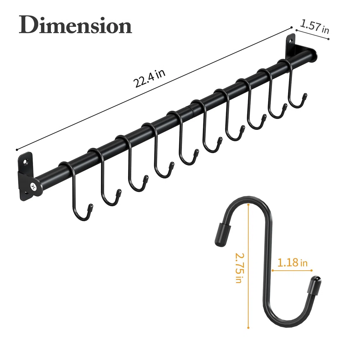 KINGRACK Percha de cocina y barra colgante, toallero de baño, colgador de pared, organizador para cuchillos, ollas y sartenes, con 10 ganchos en S
