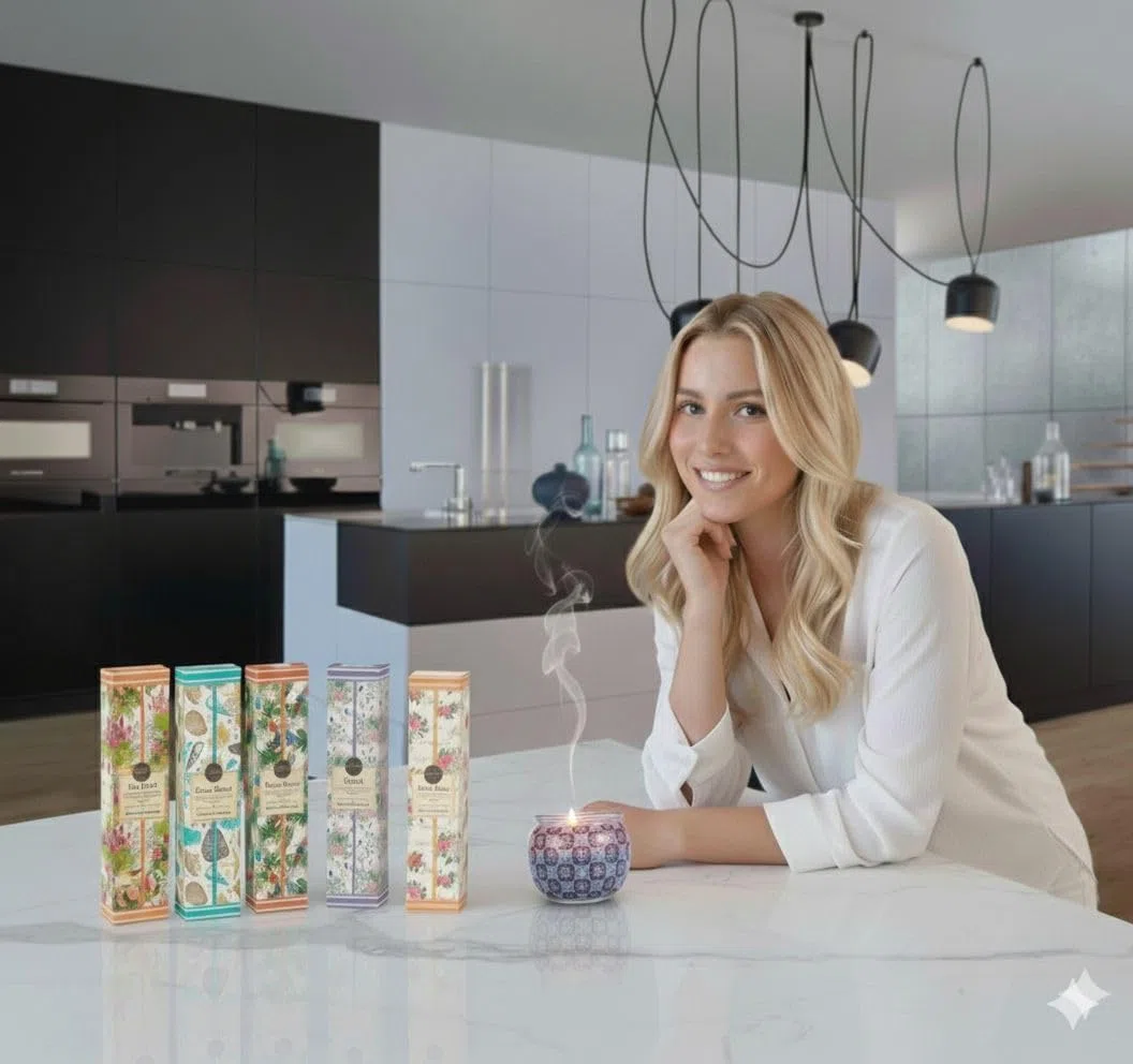 Set de Incienso Natural 100 Varillas (5 Aromas Diferentes) + Vela perfumada + Quemador de Incienso de Madera – Kit Regalo aromaterapia Fabricado en India para meditación y relajación en casa