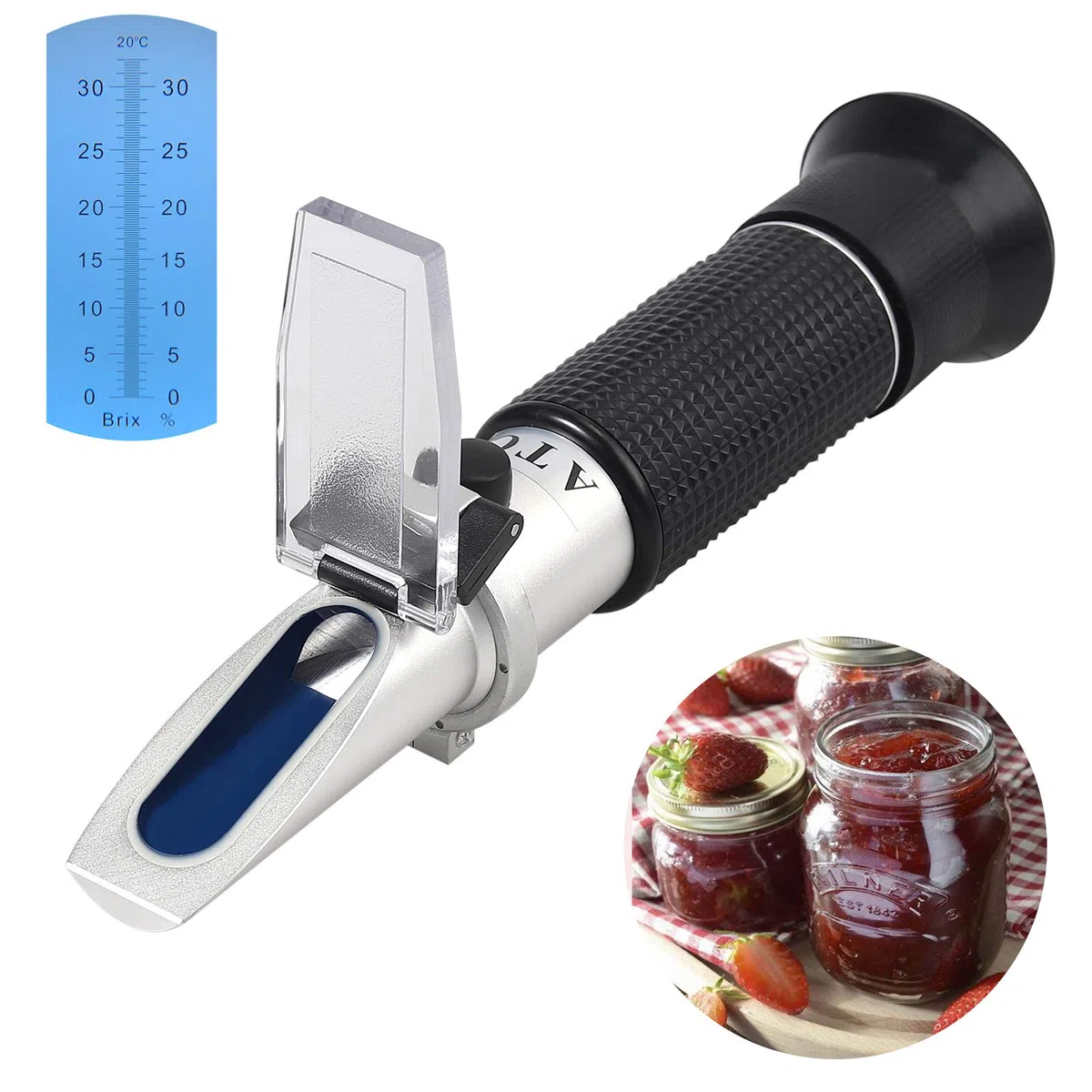Proster Refractómetro digital Brix de mano para pruebas de azúcar 0-32%, con compensación automática de temperatura, ideal para mermeladas, frutas y bebidas, incluye 3 pipetas y estuche de