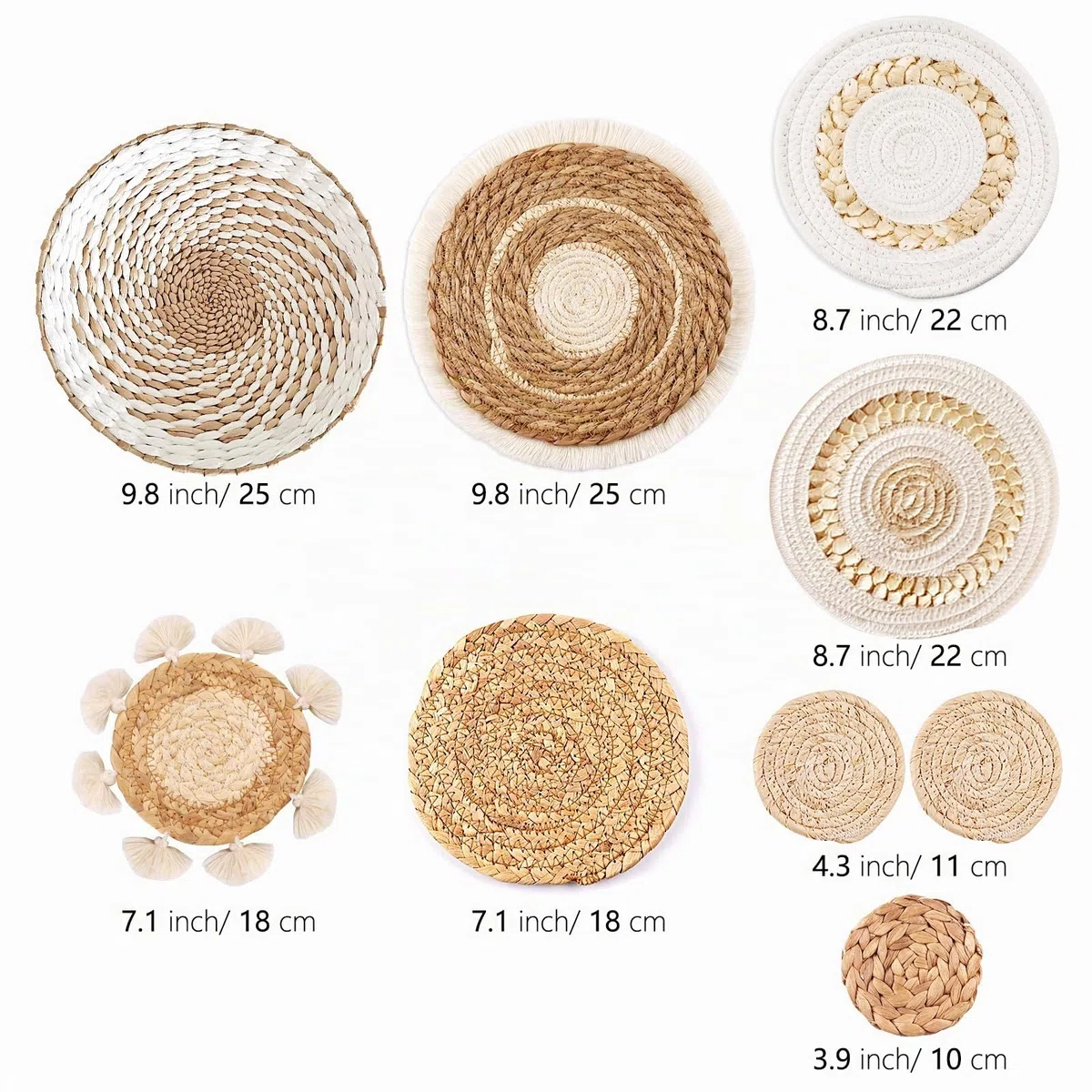 Juego de 9 cestas de pared bohemias, decoración de cesta tejida para pared, decoración de pared de mimbre de mimbre de hierba marina, arte de pared redondo ecológico para casa de campo, dormitorio