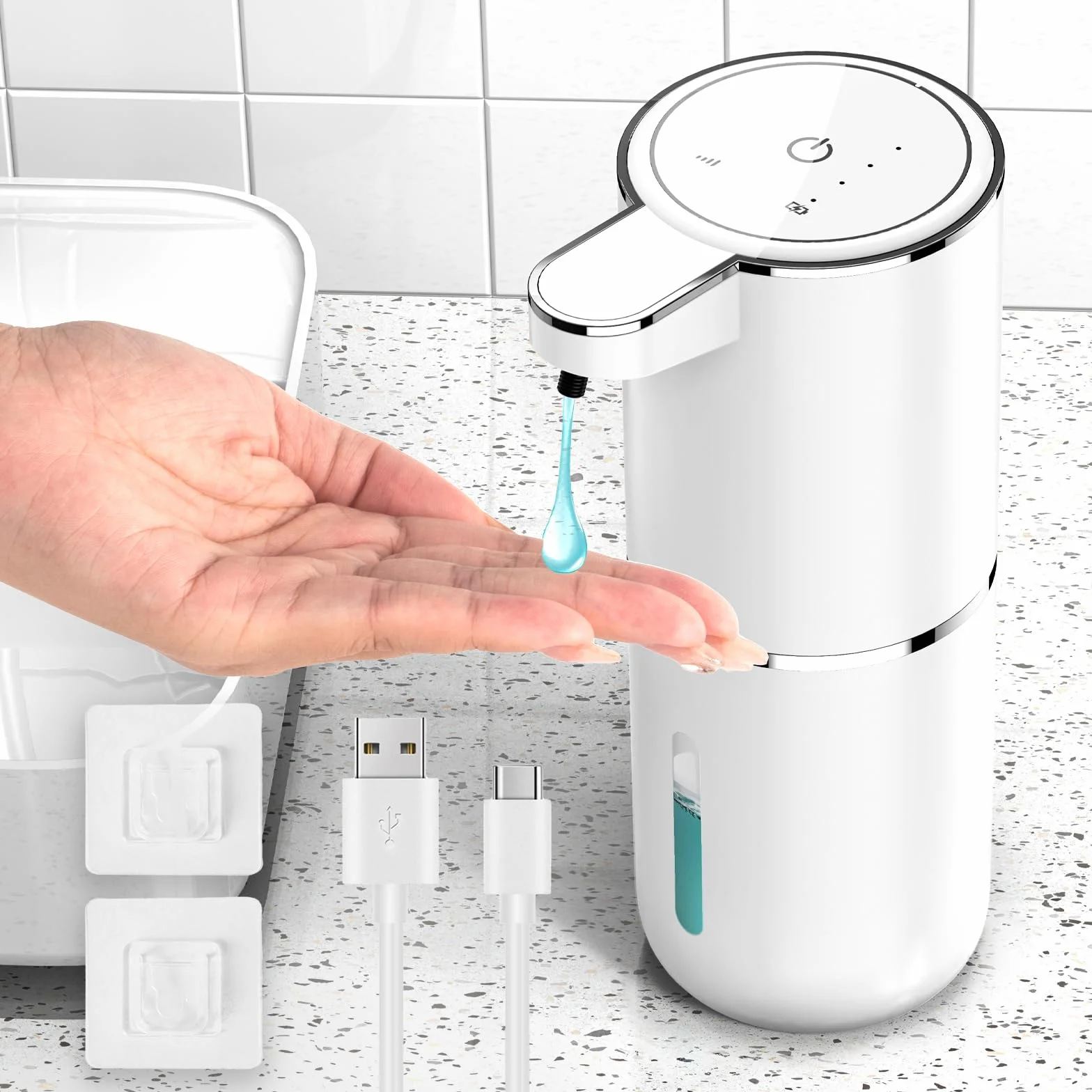 Dispensador Jabón Baño, 380 ml Dispensador Jabon Cocina con Sensor Movimiento por Infrarrojos, Pared, Recargable por USB, Resistente al Agua IPX5, Adecuado para Cocina, Baño
