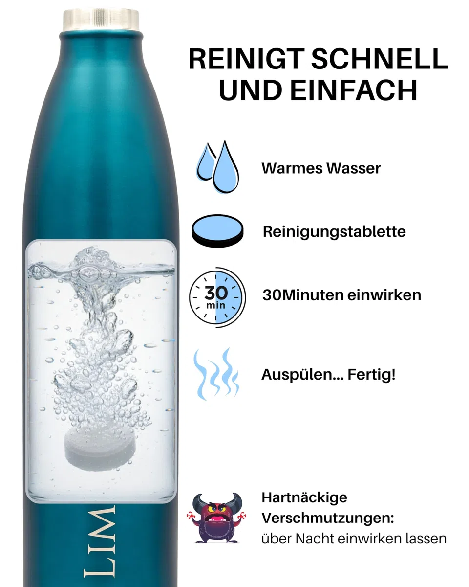 Potentes pastillas de limpieza para botellas de agua, fórmula 60% más fuerte, 40 pastillas biodegradables, fabricadas en Alemania, para acero inoxidable, vidrio, plástico, limpieza higiénica y