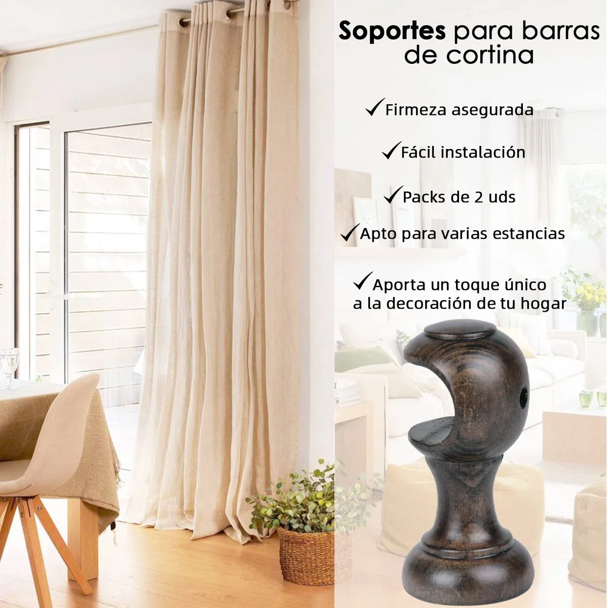 MERCURY TEXTIL- Pack de Dos Soportes para Barra Individual y para Barra Doble de Madera, Liso, Abierto para Barra de ø 28 mm. Colgador de Barra. (Marrón-Individual)
