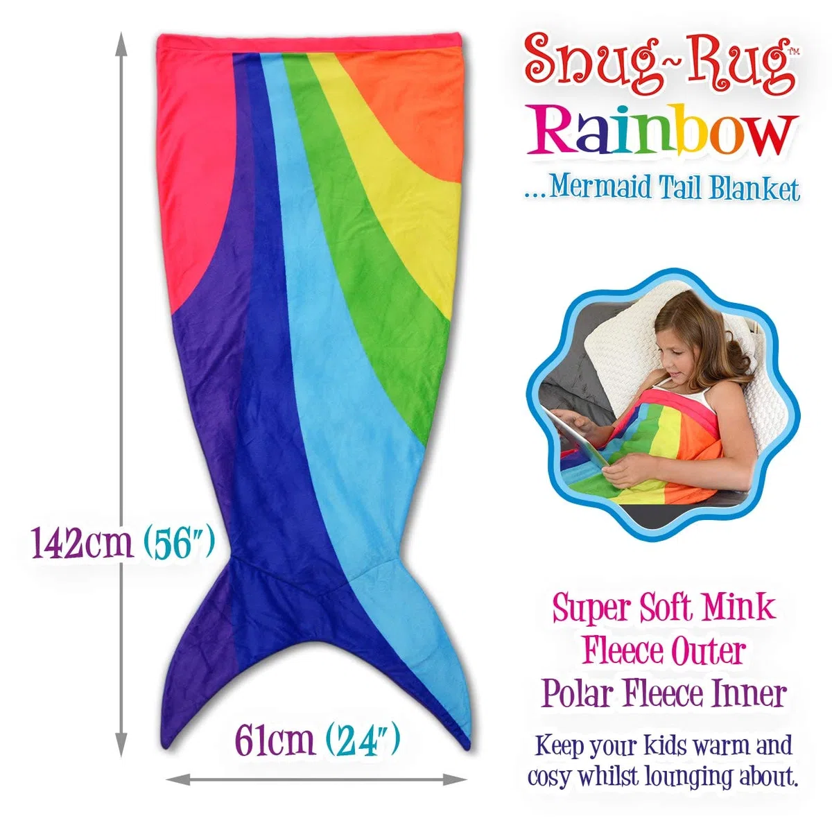 Snug Rug Manta de Forro Polar Multicolor con Cola de Sirena, Multicolor, de Calidad Supersuave, hasta 1,5 m de Altura, poliéster, 61 x 5 x 142 cm