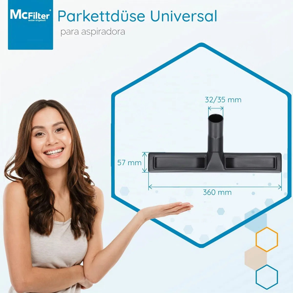 McFilter | Universal 32/35mm boquilla para suelos duros Boquilla para aspiradora 360 mm extra ancha compatible con Siemens, Bosch, Miele, 2 ruedas, crin suave