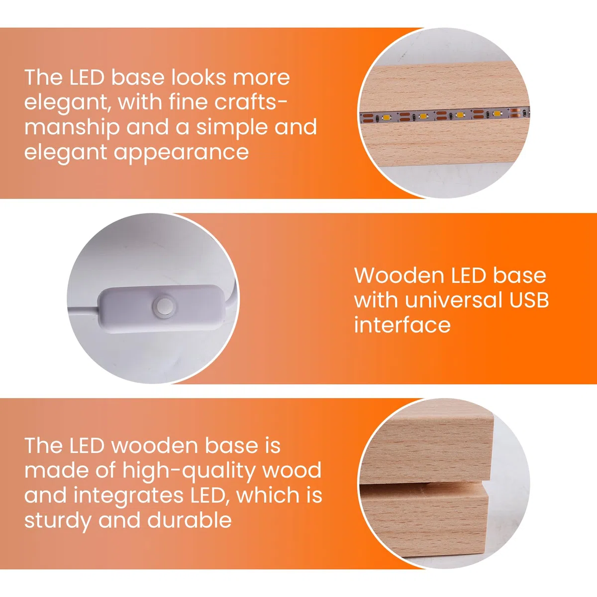 4 piezas de base de exhibición de luces LED: base de iluminación de madera rectangular multicolor, soporte de luces LED de escritorio USB para placa de acrílico de 5 mm de grosor, placa de