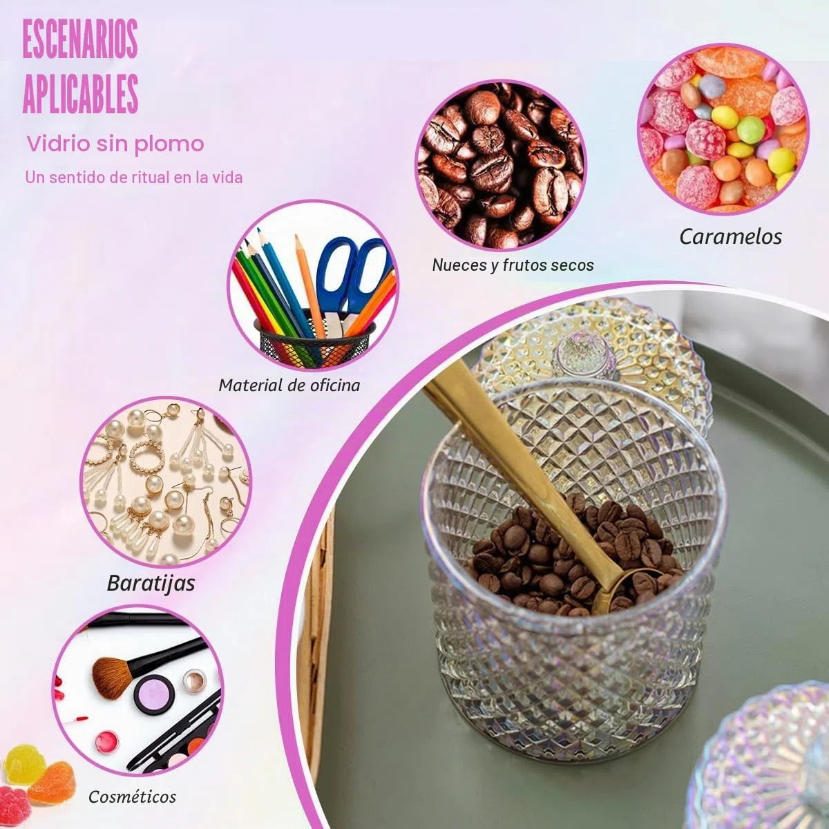 Erioctry - Tarro de cristal hermoso de 300 ml/10 oz con tapa, caja de caramelos de color para boda, azucarera, barril para galletas, caja decorativa para joyas