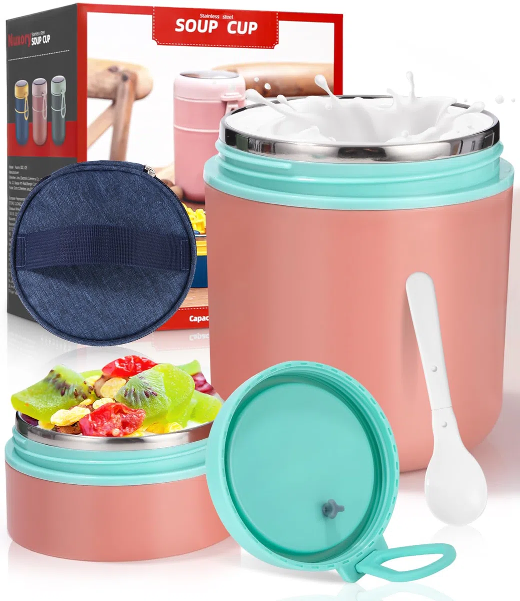 710ML Taza de Cereales y Yogurt para Llevar de Doble Capa con Cuchara,Termo para Comida de acero inoxidable,de yogur a prueba de derrames,para la escuela, oficina, viajes,Rosa green