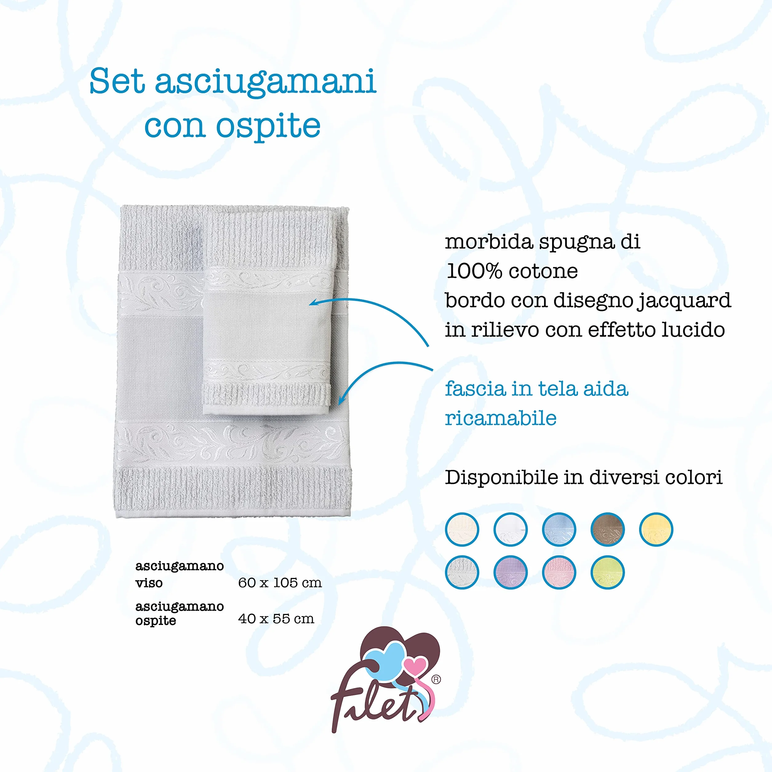 Filet - Set Toallas con Invitado con Inserto en Tela Aida para Bordar, Realizado en Esponja de 100% Algodón, Suave y Absorbente, Delicado sobre la Piel, 100% Made in Italy, Tinta Unita, Color Gris