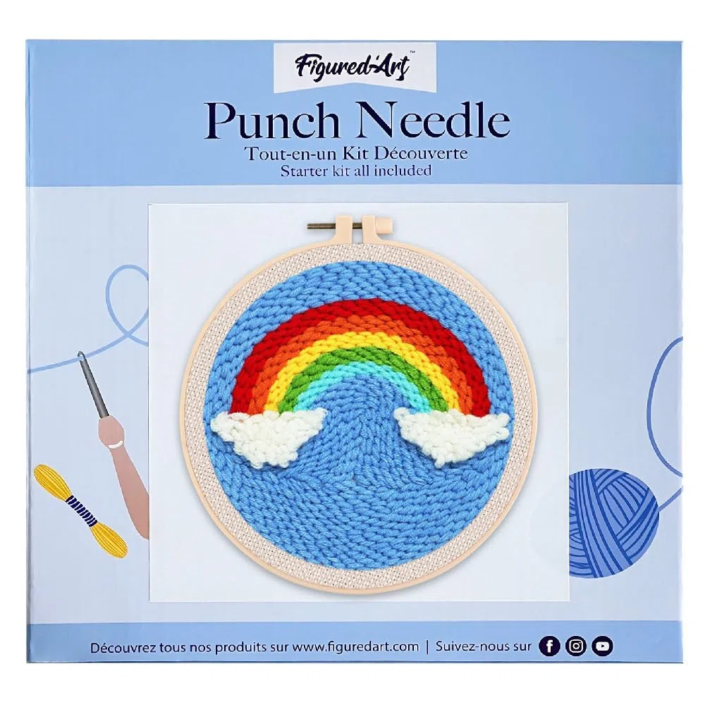 Figured'Art Punch Needle Kit de Bordado Adultos y Niños - Arcoíris - Manualidades Kit de Aguja Mágica DIY completo - 20x20cm con bastidor circular