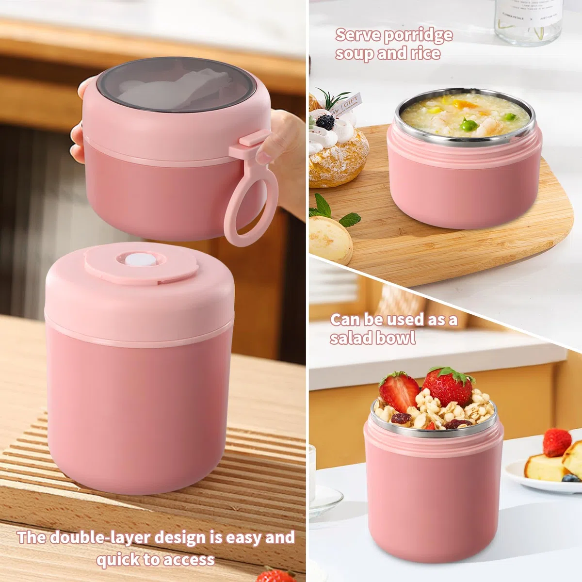 Termo para Comida, 530ml+290ml Termo Comida Caliente Acero Inoxidable, Taza de Cereales para Llevar de Doble Capa, Frasco Contenedor Térmico con Cuchara Para Trabajo, Escuela (Rosa)