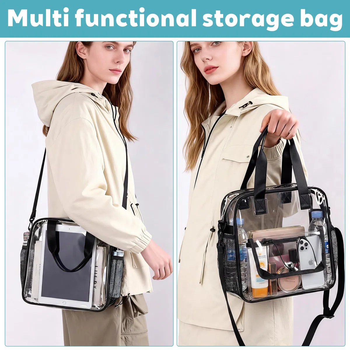 Bolso Transparente Mujer Trabajo PVC Bolso Bandolera Transparente Impermeable Bolso de Mano Transparente para Estadios (30x30x13cm)