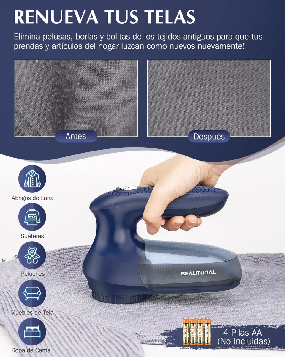 Beautural Quitapelusas Electrico de Ropa, Removedor de Pelusas Potente y eficiente, con AC Plug Cable o con Pilas, Especial y coveniente Version para su Familia