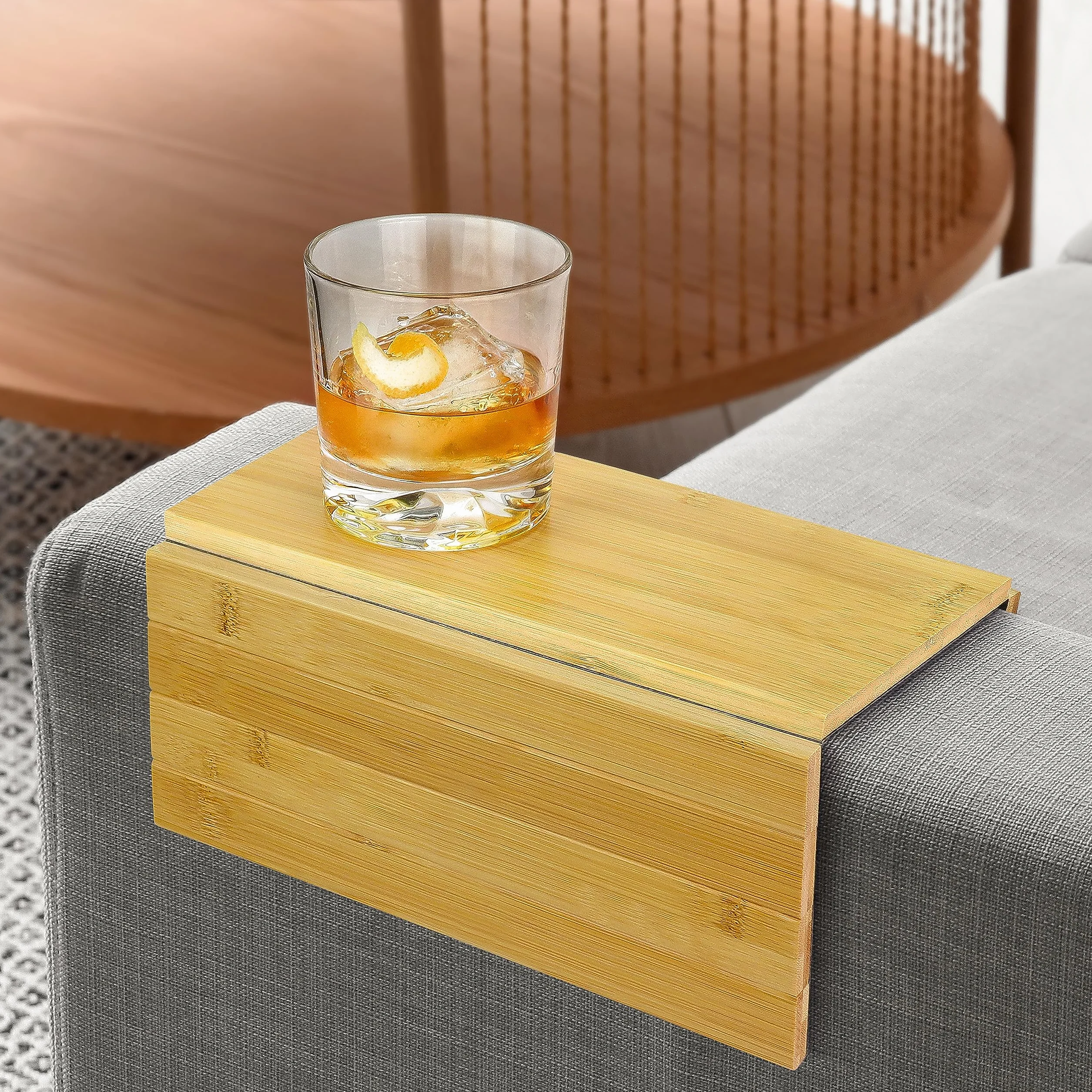 Bandeja de sofá plegable de bambú, organizador de reposabrazos de madera para bebidas, tazones, bocadillos, revistas, control remoto, protector de sofá, soporte para tableta portátil, 36 x 25 x 1 cm
