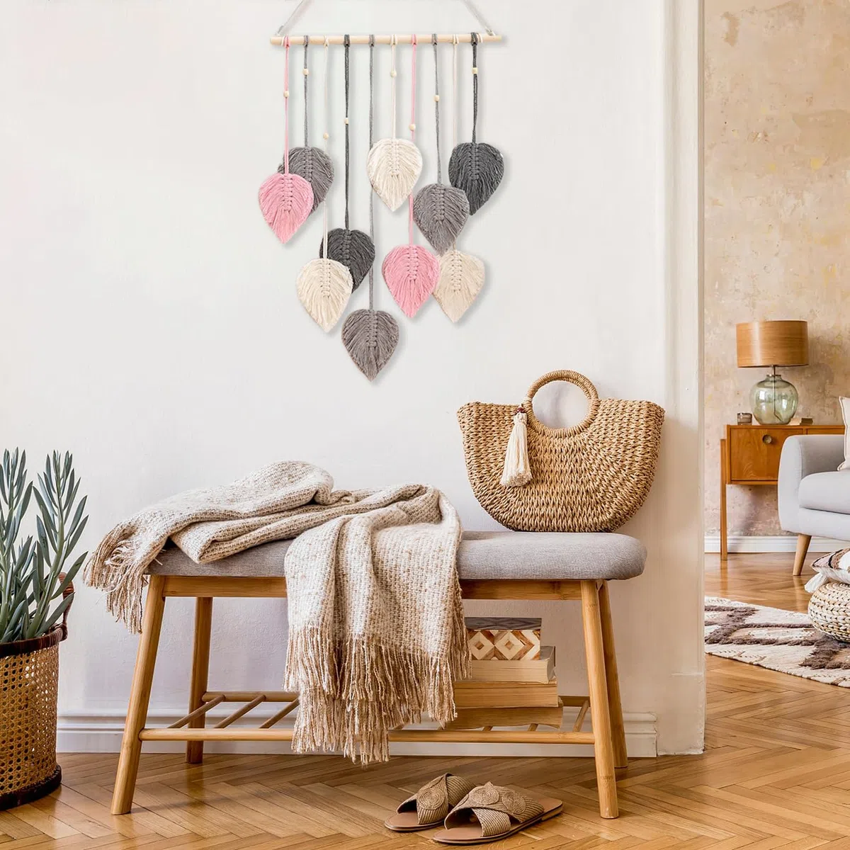 CCAIPU Tapiz Pared de Macramé, Tapiz Tejido con Hojas de Bohemia, Hecho a Mano, Decoración de Pared con Plumas y Hojas para Sala de Estar, Dormitorio y Hogar (Gris Rosa)