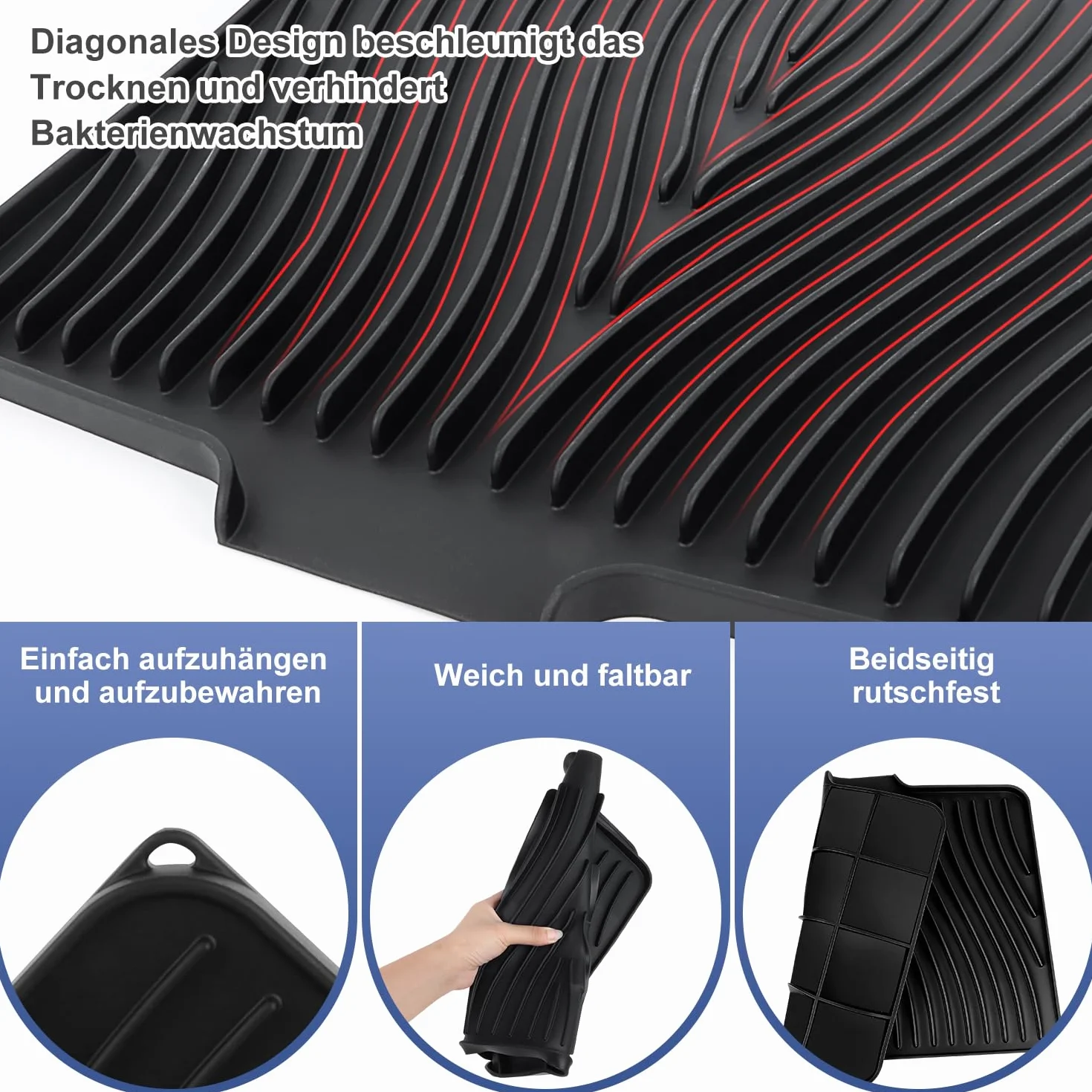 Alfombrilla escurridora de silicona resistente al calor, antideslizante, con orificio de drenaje, escurreplatos silicona (Negro 50 x 43 cm)