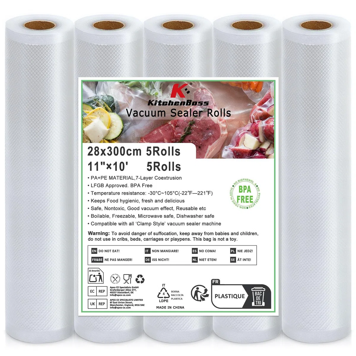 KitchenBoss Bolsas Envasar al Vacio：Bolsas Vacio Alimentos 5 Rollos 28x300cm, Rollos Envasadora al Vacio Adecuado para sous vide, sellador al vacío y Microondas