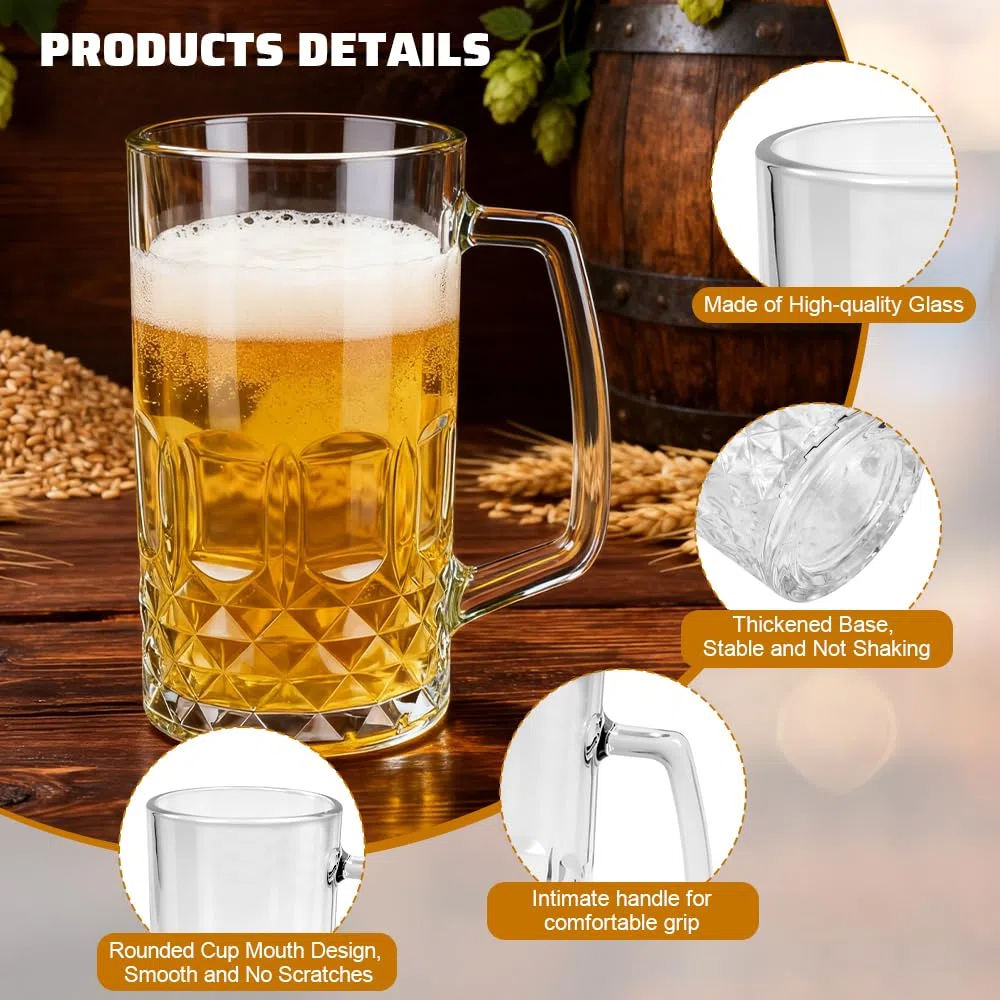 2 PCS Jarras de Cerveza de Cristal 500 ml, Vaso de Cerveza con Asa, Jarra deCerveza Grande y Estable, Taza deCerveza Transparente para Fiestas, Bares y Restaurantes -Aptas para Lavavajillas