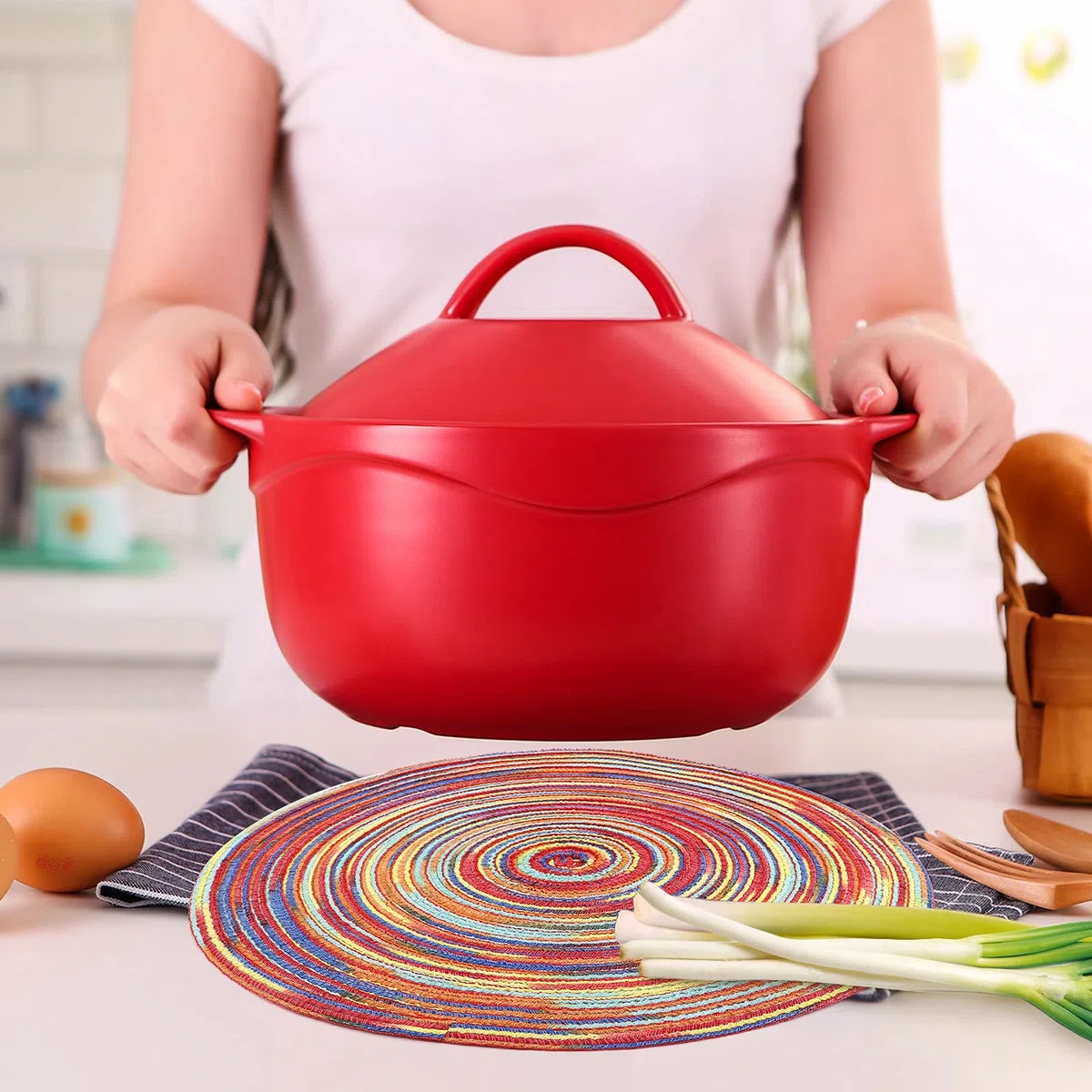 Manteles individuales redondos tejidos de 8,38 cm de algodón y posavasos de 11 cm, manteles individuales lavables resistentes al calor para cocina, mesa de comedor (rojo)