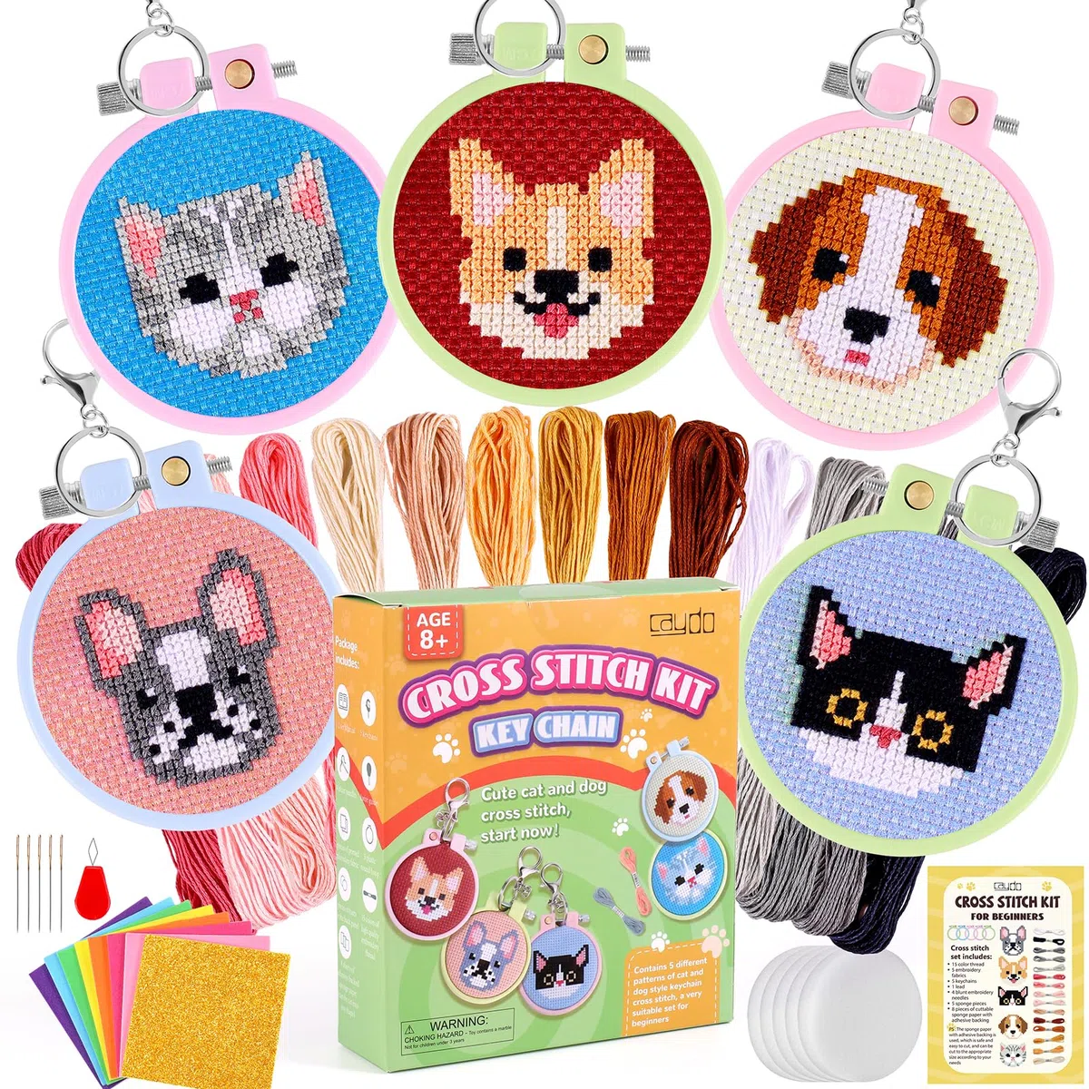 Caydo Juego de 5 kits de punto de cruz para niños con estampado de gatos y perros, para principiantes, llaveros para mochila, adornos para manualidades